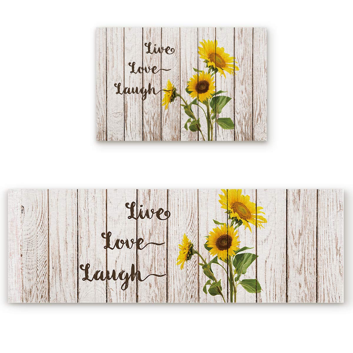 Anti-Fatigue Kitchen Mat Set of 2 - Non-Slip Cushioned Floor Mats with Blooming Sunflowers Design, Live Love Laugh Theme, Perfect for Standing Comfort in Cooking and Baking Areas (19.7x31.5in + 19.7x47.2in)