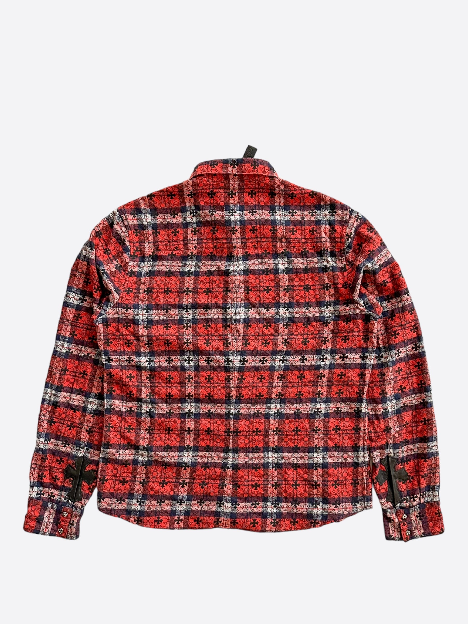 Chrome Hearts Red Cross Patch Jacquard Button Up Shirt for Men | Stylish Gothic Fashion Top | Perfect for Casual Wear, Concerts & Street Style