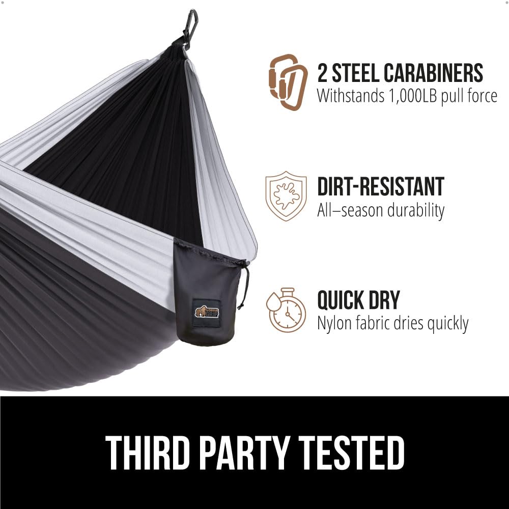 GORILLA GRIP Heavy Duty Camping Hammock - 400lb Capacity with Reinforced Tree Straps | Portable Travel Swing for Backpacking, Hiking & Outdoor Adventures | Easy Setup 10x6.5 FT Comfortable Camping Hammock (Black) - Perfect for Camping Trips, Backyard Relaxation & Beach Lounging