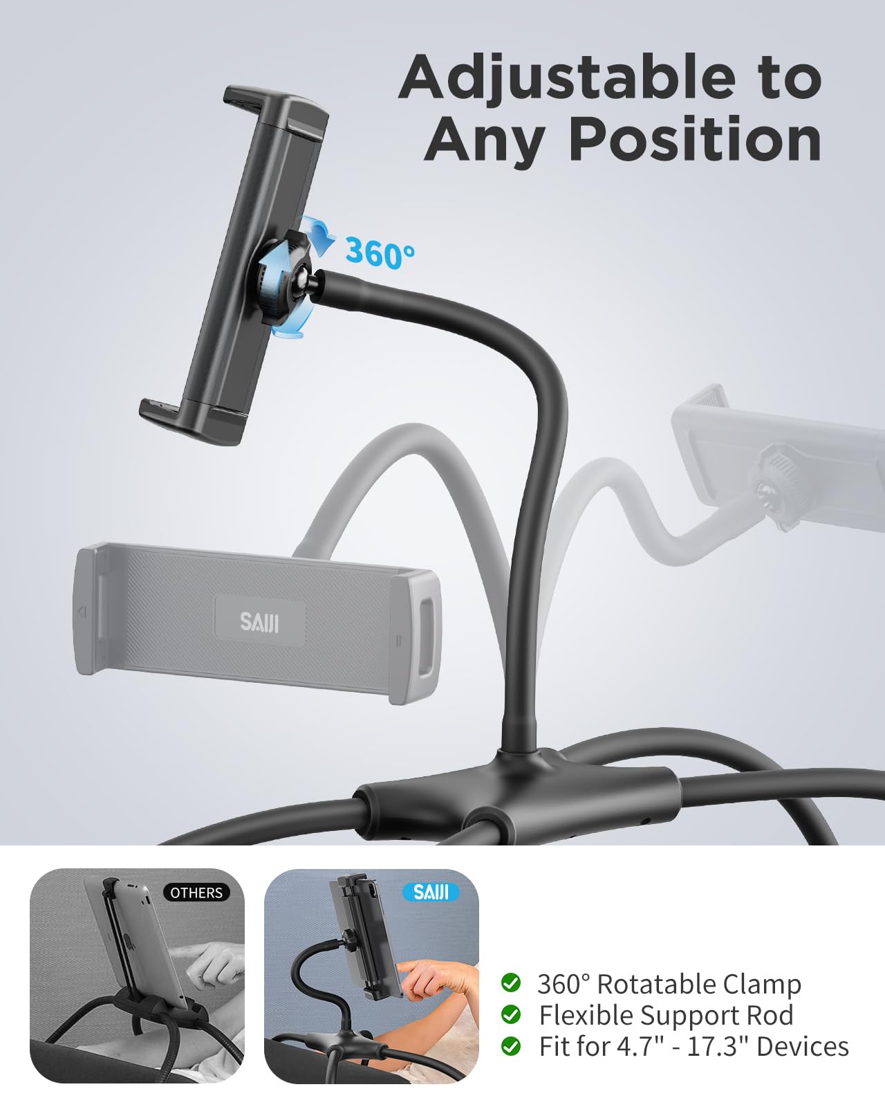SAIJI Adjustable iPad Stand Holder - Portable Tablet Stand for Desk & Bed, Universal Phone & Monitor Stand Fits 4.7