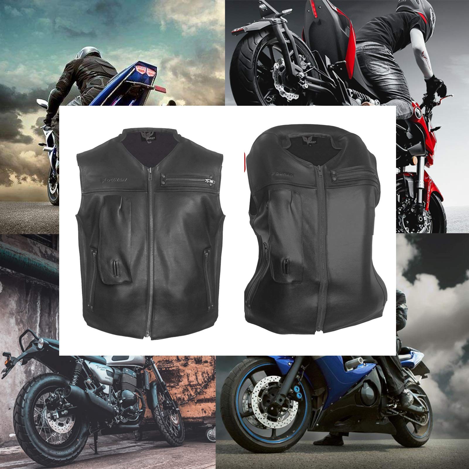 Black Leather Motorcycle Airbag Vest - Durable Cowhide for Outdoor Riding