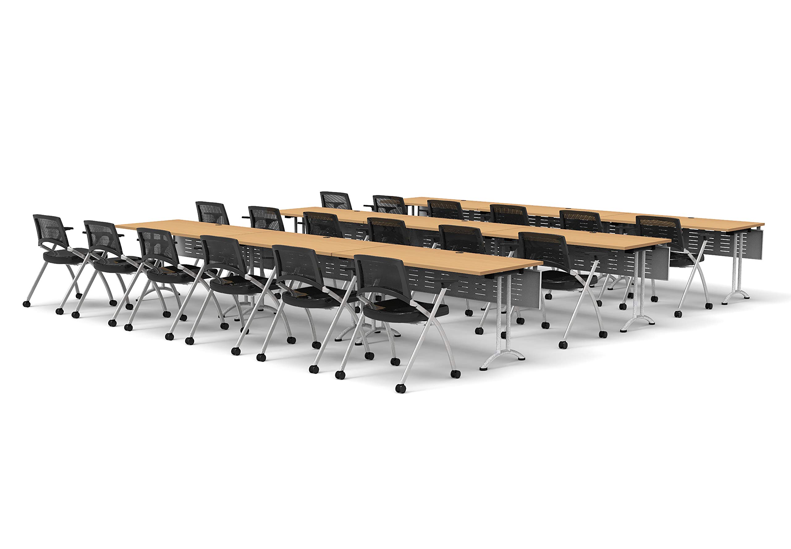 18-Person Folding Conference Table Set with 36 Task Chairs & Modesty Panels - Beech Color, Connectable Tables for Training, Meetings & Seminars - Space-Saving Foldable & Nestable Design for Classrooms & Event Spaces