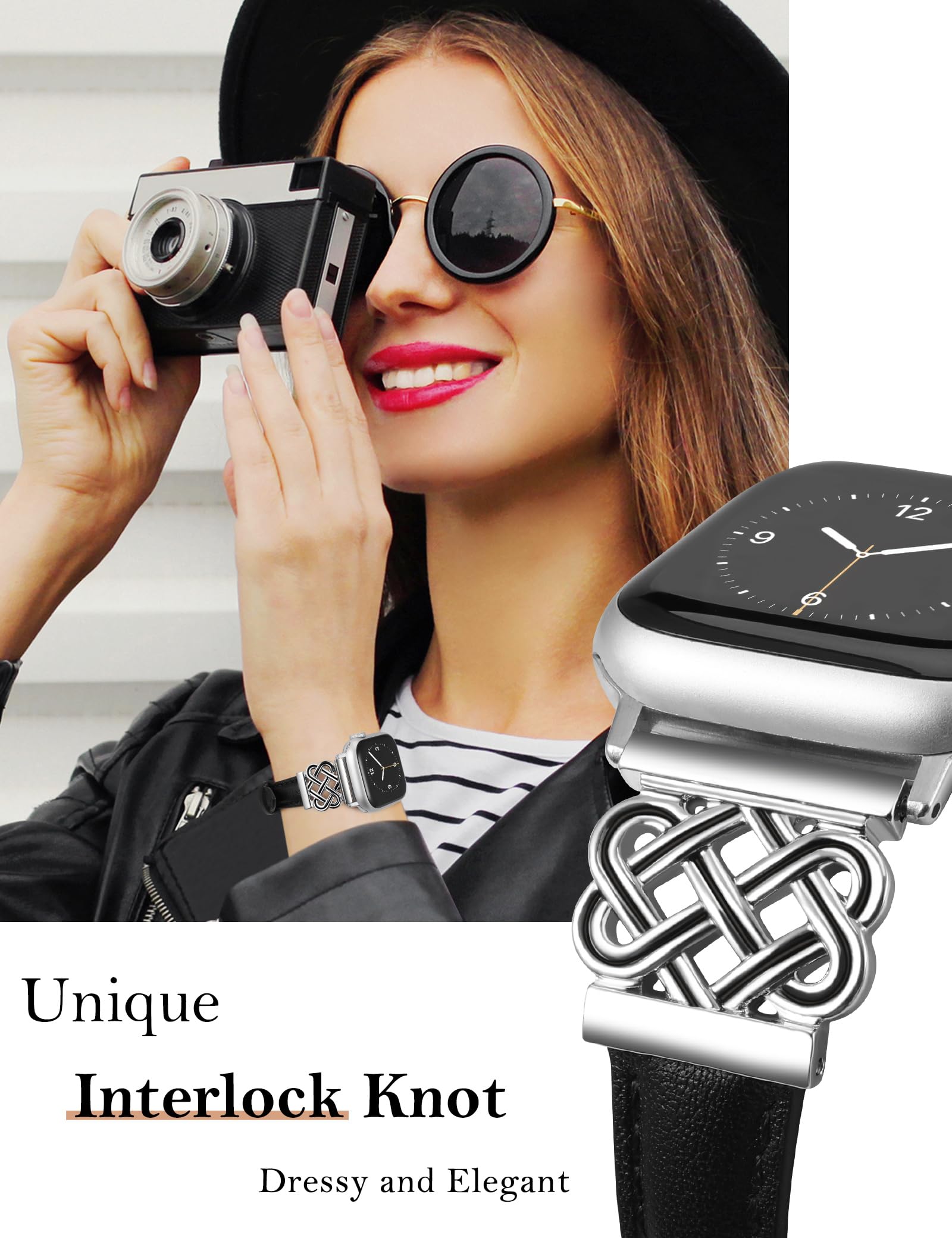 Premium Genuine Leather Apple Watch Band for Women - Compatible with 38/40/41/42mm iWatch Series 10/9/SE/8/7/6/5/4/3/2/1 - Slim Dressy Bracelet with Metal Buckle (Black/Silver) - Perfect for Work, Date Night & Formal Occasions