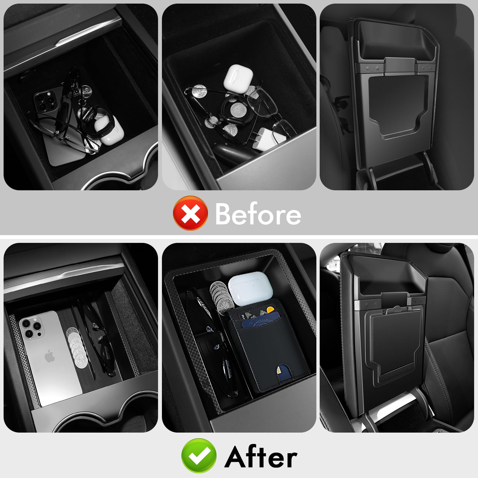 Premium Tesla Model 3 & Y Center Console Organizer Set (5-Piece) - Hidden Storage Box, Cup Holder & Armrest Drawer Tray for 2024-2025 Highland/Juniper Models - Perfect for Road Trips & Daily Commute Organization