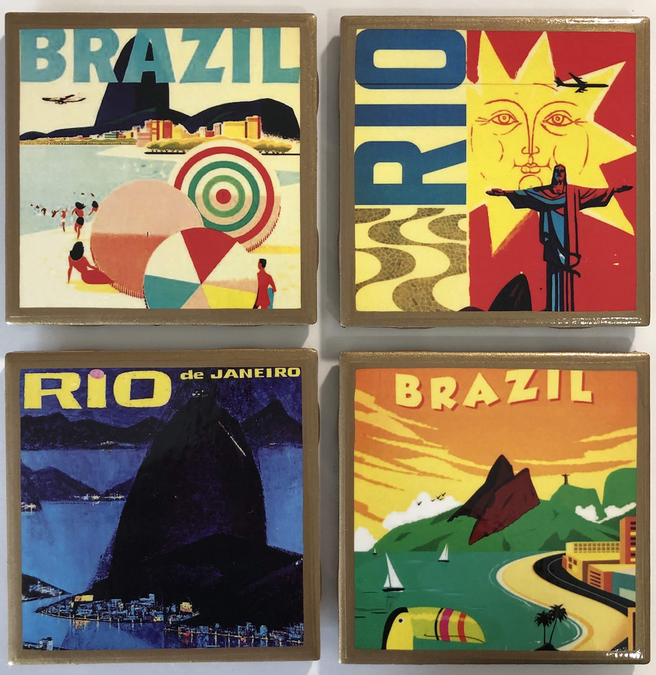 Brazil Travel Poster Coasters Set with Gold Trim - Vintage Beach & Coastal Decor for Home Bar, Office, or Cafe