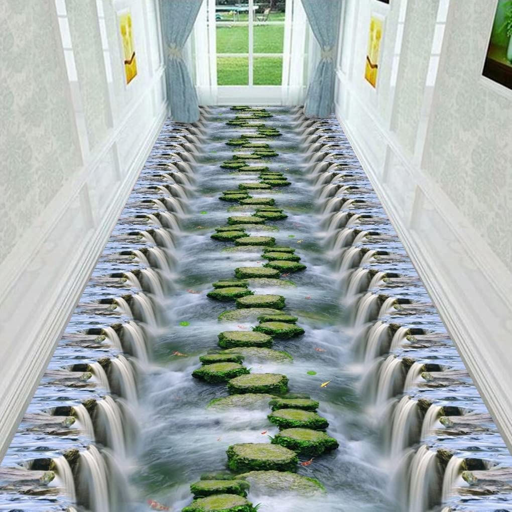 3D Illusion Waterfall Print Runner Rug - 3x12 Feet Non-Slip Hallway Entryway Rug - Washable Indoor Carpet for Bedroom, Living Room, Kitchen, Laundry & Bathroom - Perfect Floor Covering for High Traffic Areas & Home Decor