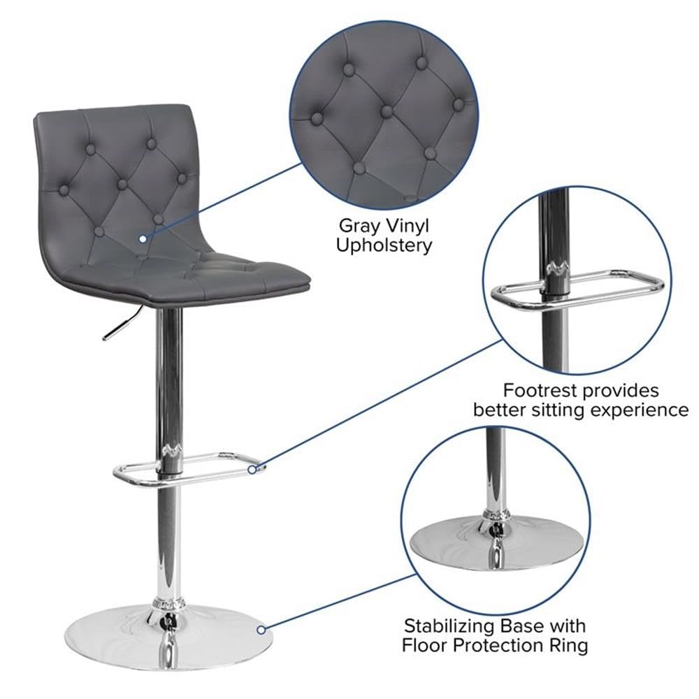 Premium Gray Faux Leather Tufted Adjustable Bar Stool Set of 2 - Modern Kitchen Island & Home Bar Seating for Dining & Entertaining