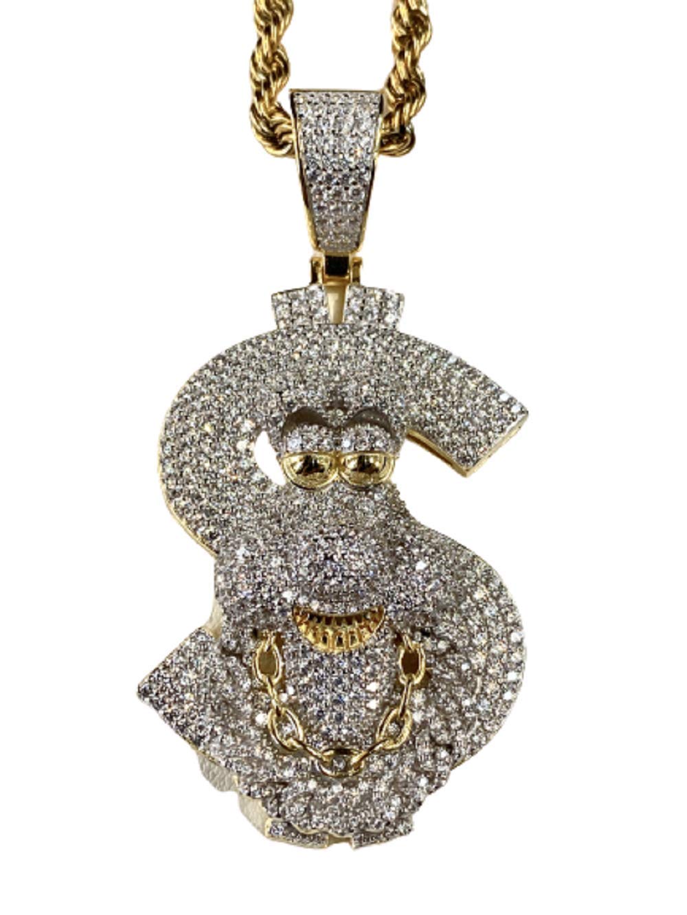 Custom Dollar Sign Pendant Necklace for Men & Women - 925 Sterling Silver with Gold Finish & Iced Out Charm - 3mm Stainless Steel Rope Chain 16