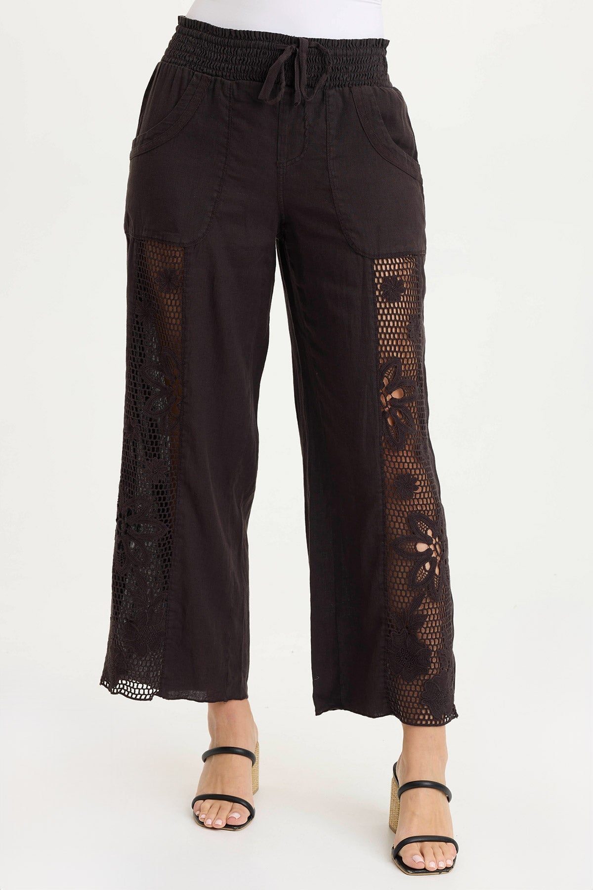 Rokel Linen Crochet Ruched Wide Leg Pants for Women - Boho Chic High Waisted Palazzo Trousers - Perfect for Summer, Beach Vacations & Casual Outings