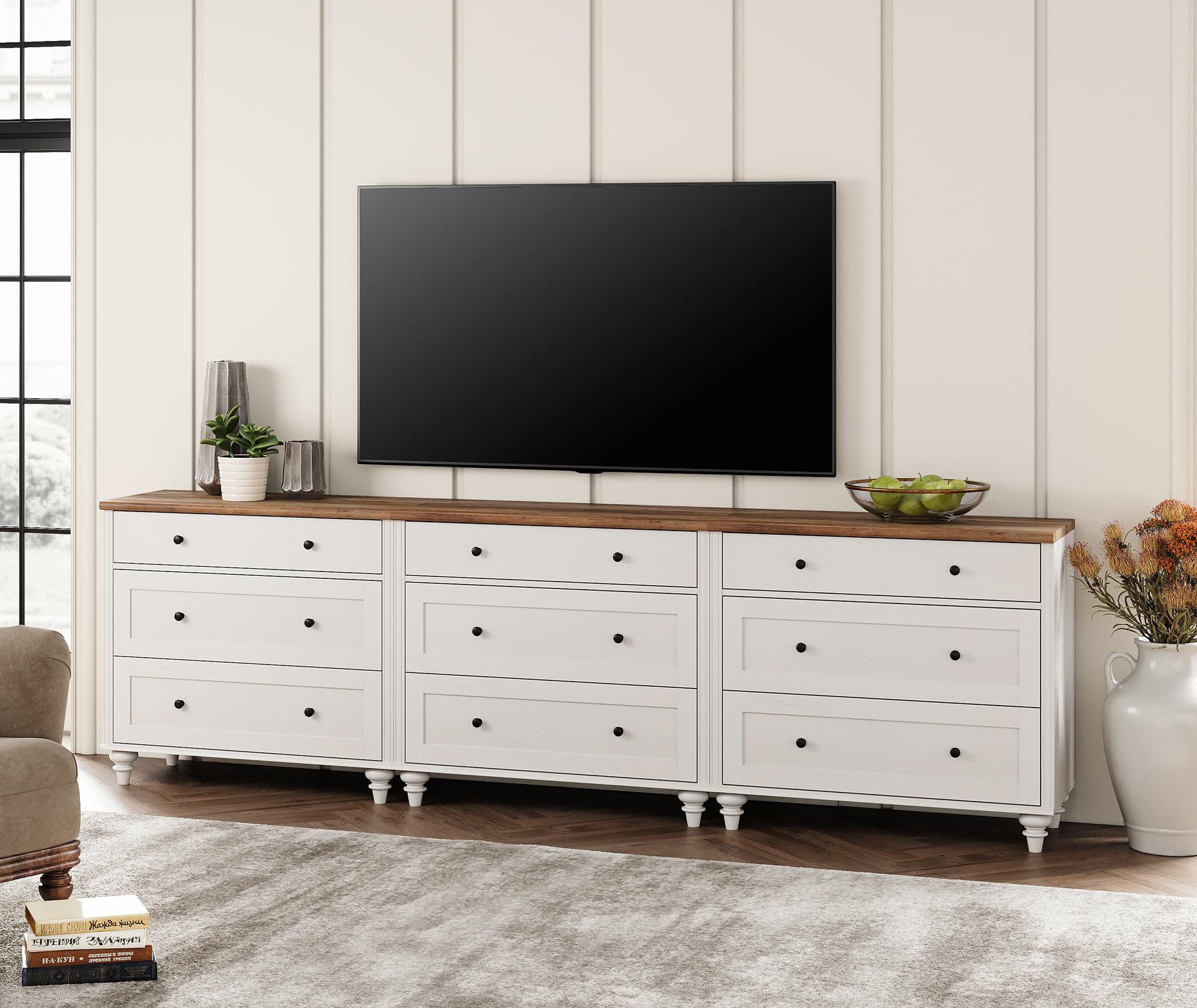 WAMPAT 9-Drawer Dresser - White Wooden Kids Dresser with Wide Storage Drawers, Mid-Century Modern Chest Organizer for Bedroom, Nursery, Living Room & Hallway | Perfect for Baby Clothes, Toys & Home Organization