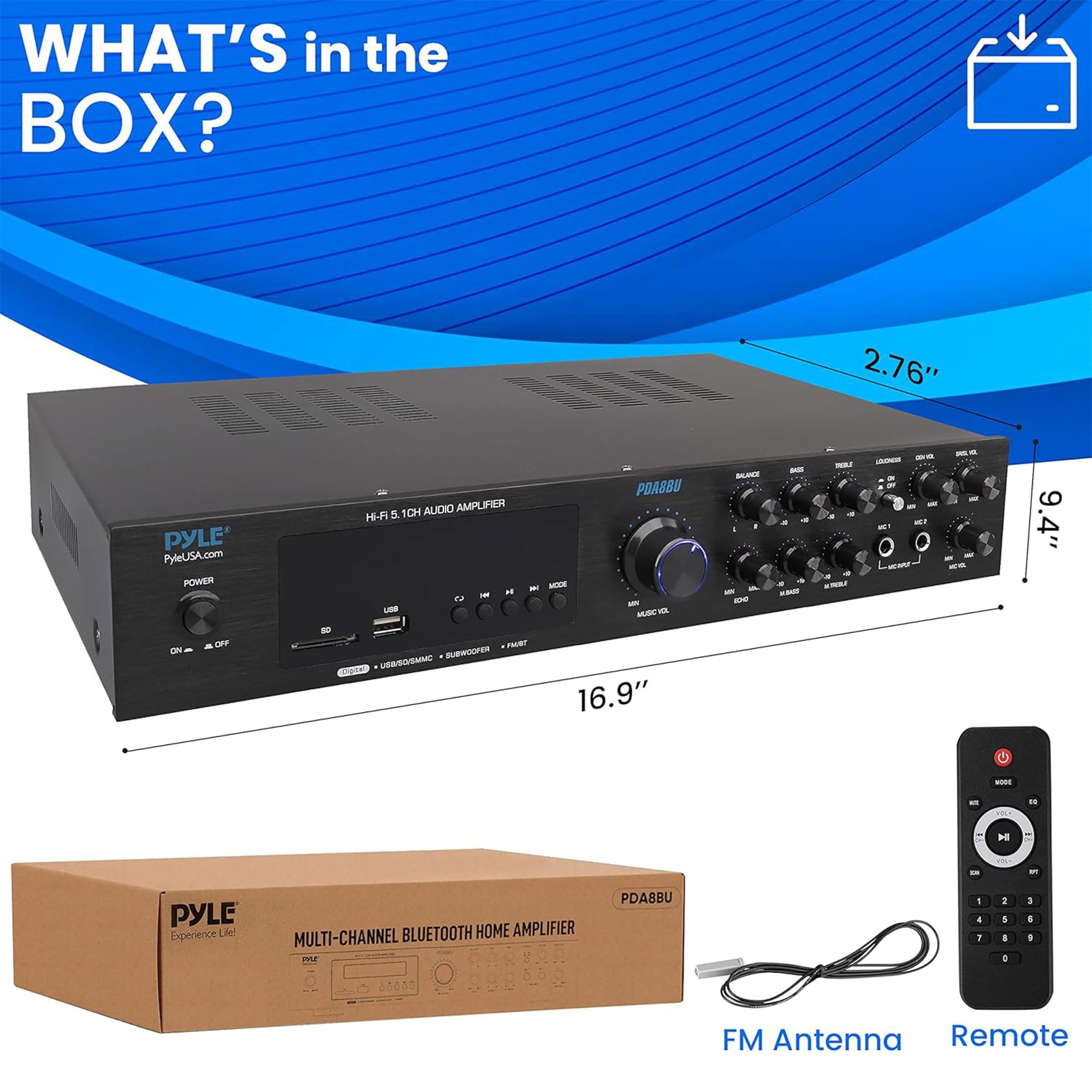 Pyle Wireless Bluetooth Audio Amplifier - 5 Channel Home Stereo Sound System with MP3/USB/SD/AUX/FM Radio - 1/4