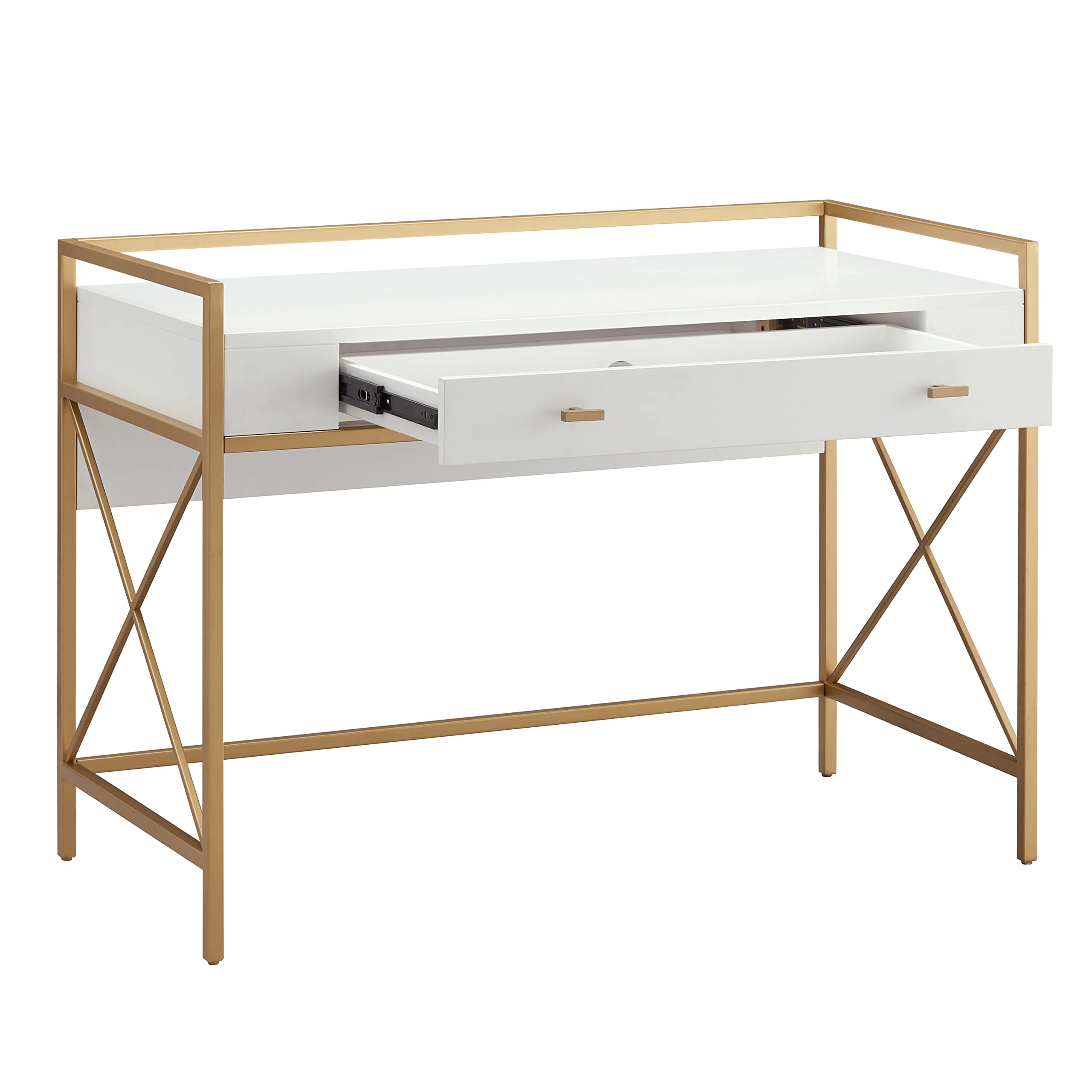 Leick Home 9240-WTGL Claudette Modern Mixed Metal & Wood Computer Desk with Drop-Front Keyboard Tray - White & Satin Gold Finish | Perfect for Home Office, Study Room & Small Spaces