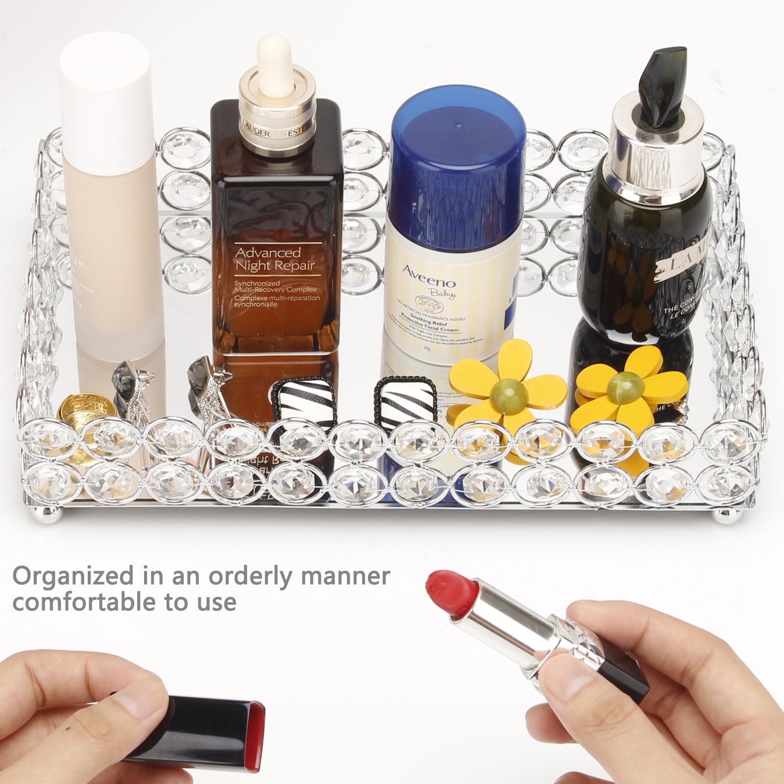 Elegant Silver Crystal Mirror Perfume Tray - Small Glass Vanity Tray for Jewelry, Makeup & Decor | Perfect for Dresser, Coffee Table & Bathroom Organization | Bandeja para Perfumes & Accesorios