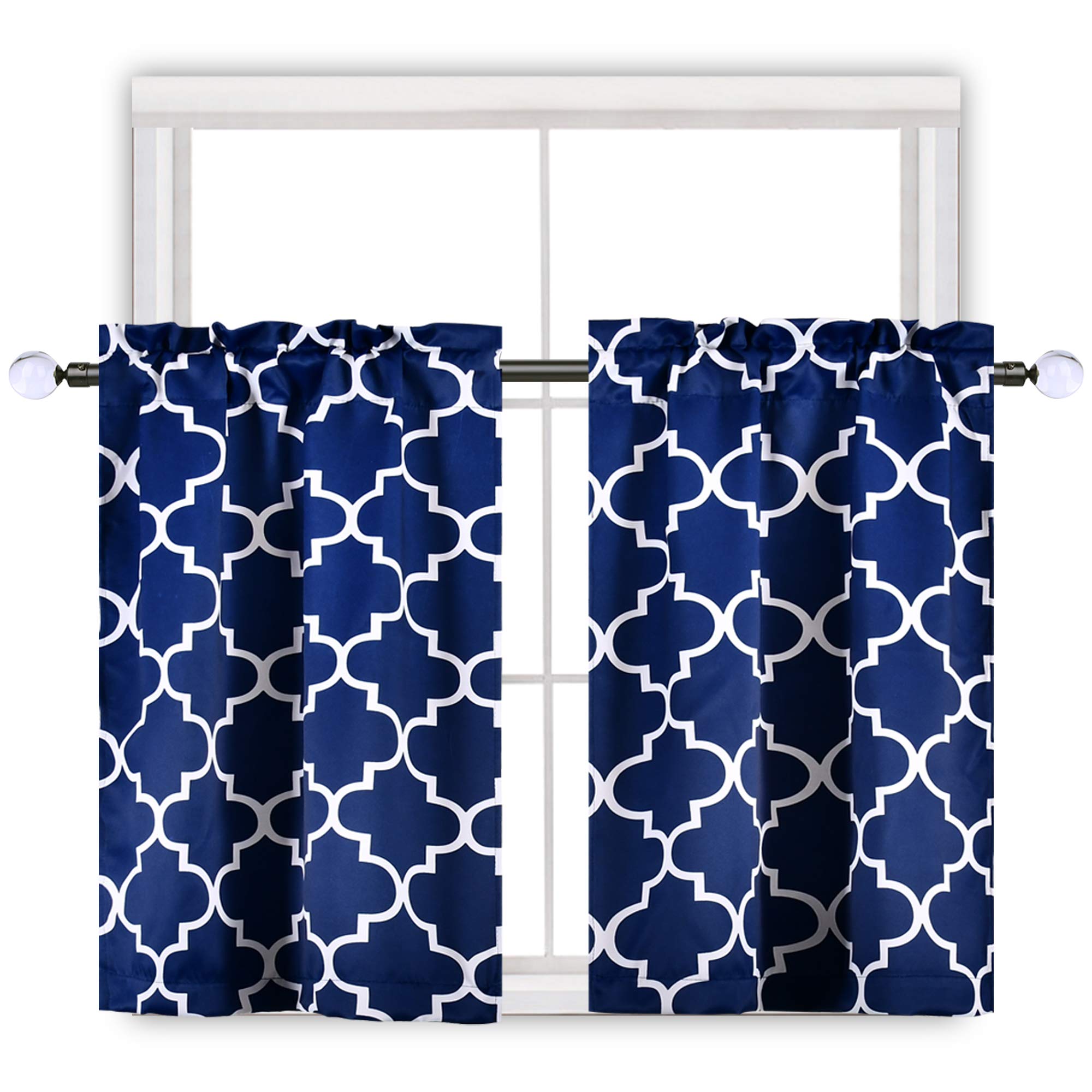 Navy Blue Moroccan Tile Print Blackout Curtains - Thermal Insulated Kitchen & Bathroom Window Treatments (36