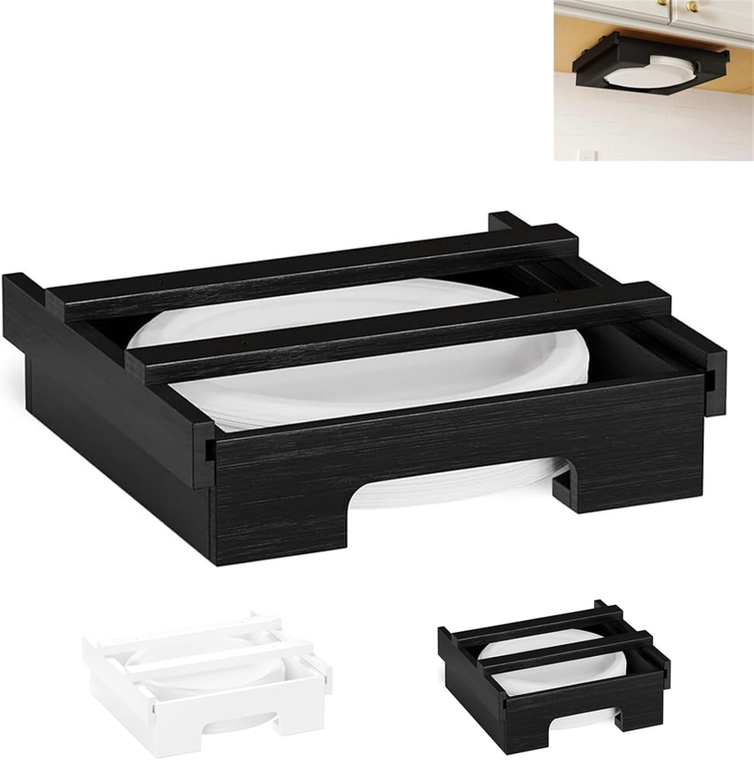 Premium Bamboo Paper Plate Dispenser Under Cabinet - 8.5 Inch Black Plate Holder for Kitchen, Dining Room & Party Serving - Space Saving Organizer for Paper Plates, Disposable Dishes & Party Supplies