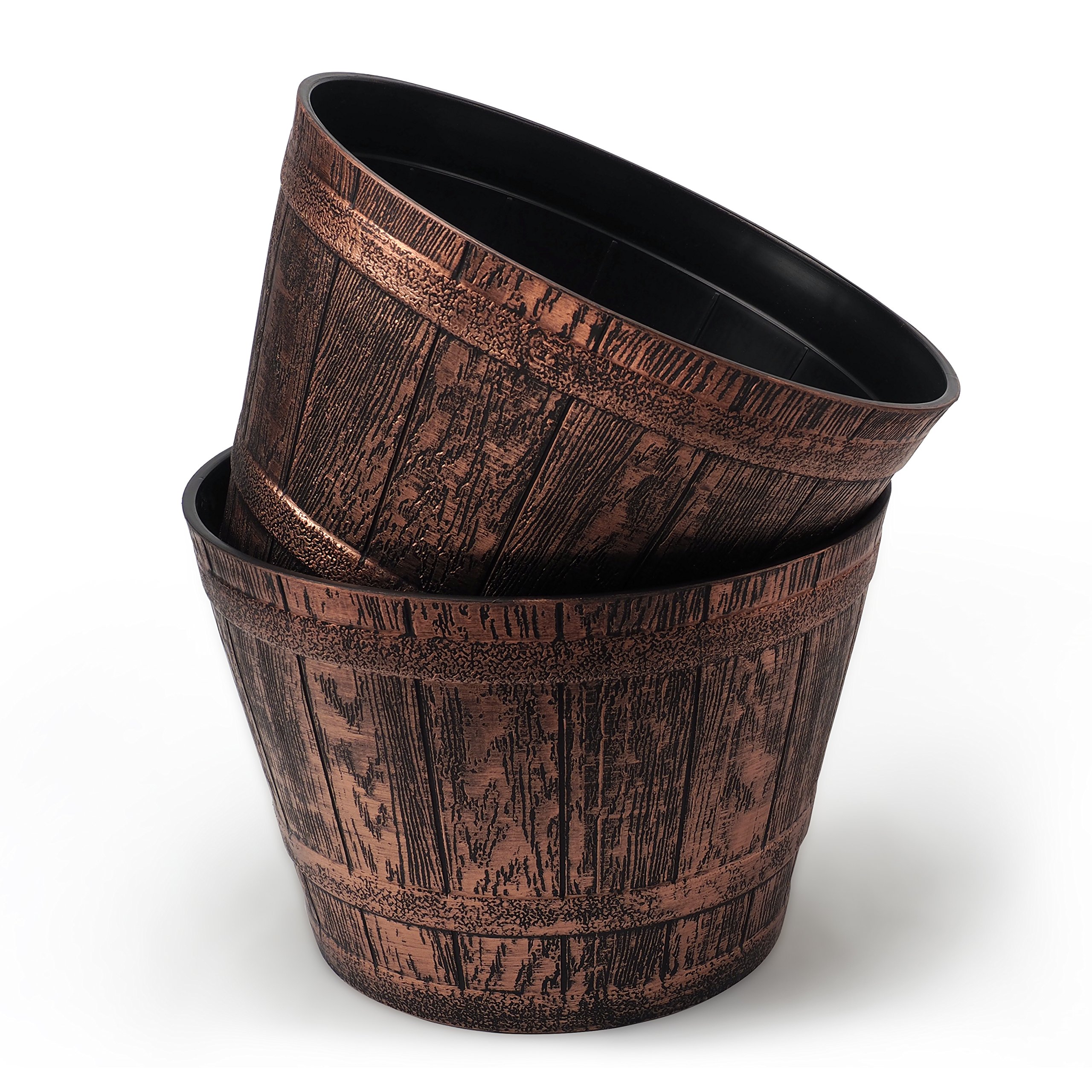 2 Pack 10 Inch Sapphire Plastic Plant Pots - Whiskey Barrel Design Flower Planters with Drainage Holes, Copper Finish for Indoor/Outdoor Decor - Perfect for Home, Garden, Patio & Office Decorations