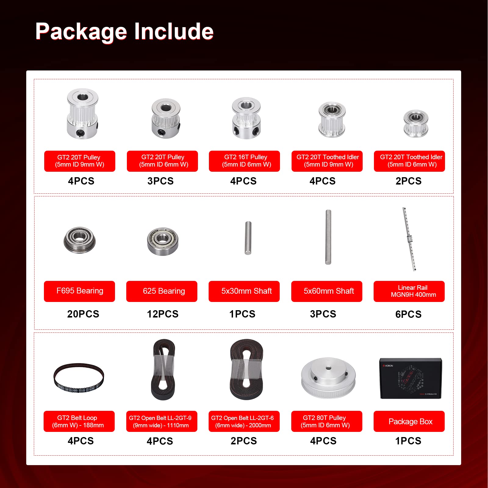 Voron 2.4 Full Motion Kit - GT2 Open Belt, MGN9H 400mm Linear Rail, GT2 Pulley 16T/20T/80T with Bearings - Premium 3D Printer Upgrade Accessories for Voron 2.4 Kit - Perfect for High-Speed Printing & Precision DIY Projects