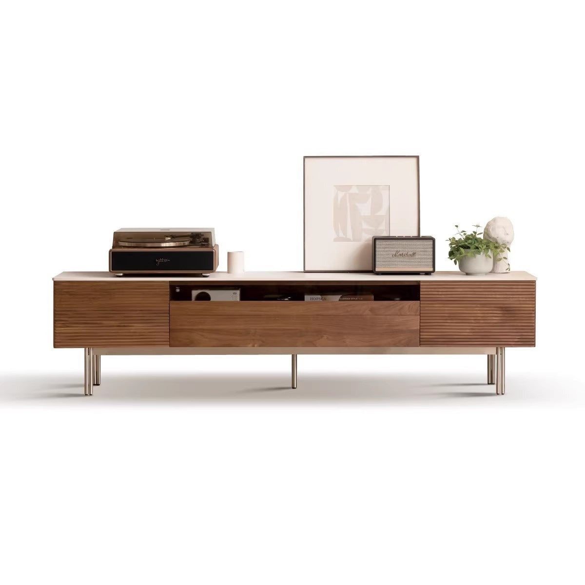 Modern Black Walnut Solid Wood TV Stand with Rock Panel Design - Stylish Entertainment Center for Living Room, Home Theater & Media Storage