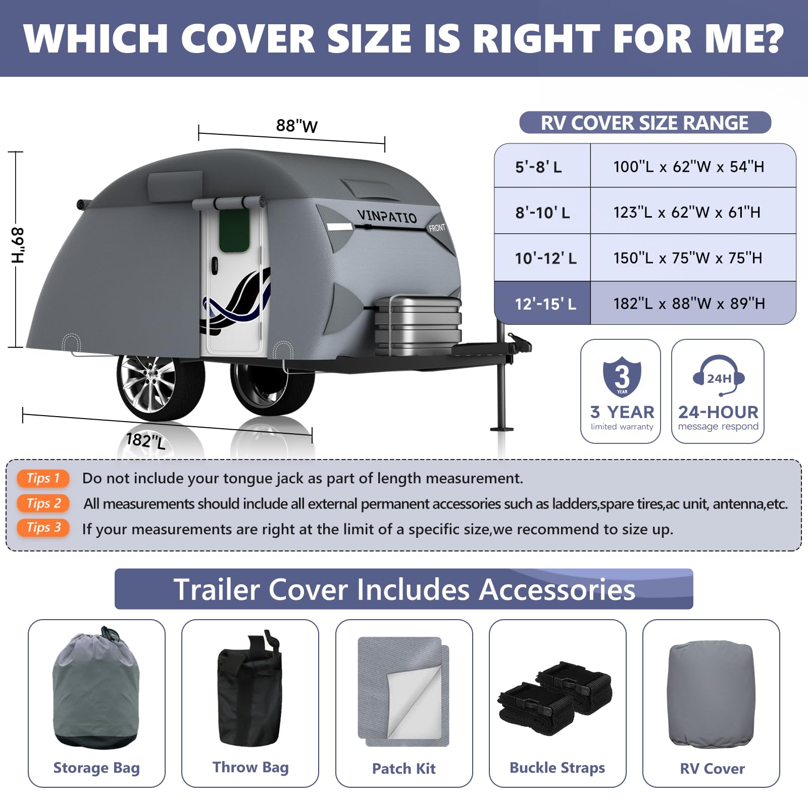 Heavy Duty 7-Layer Teardrop Camper Cover for 12'-15' Trailers - Windproof Strap RV Trailer Cover for Outdoor Camping & Travel Protection