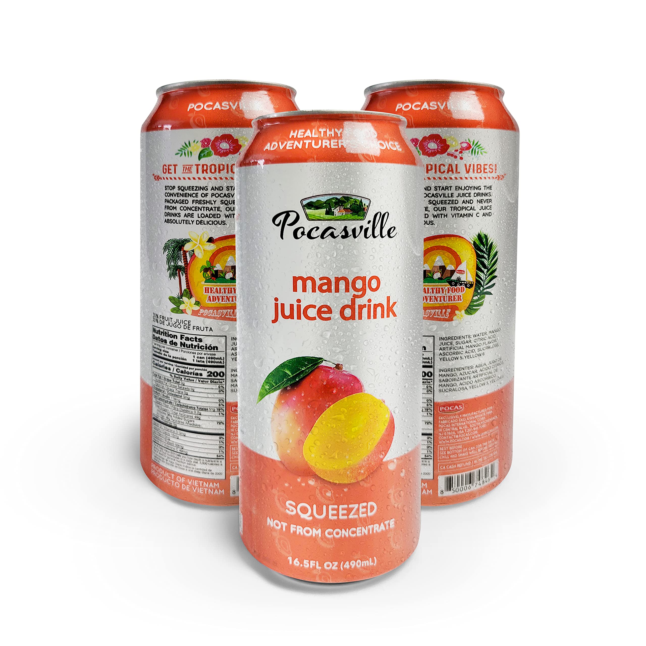 Pocasville 100% Pure Mango Juice - Not from Concentrate, 16.5 Fl Oz (6 Pack Cans) | Refreshing Natural Beverage for Breakfast, Snacks & Healthy Lifestyle