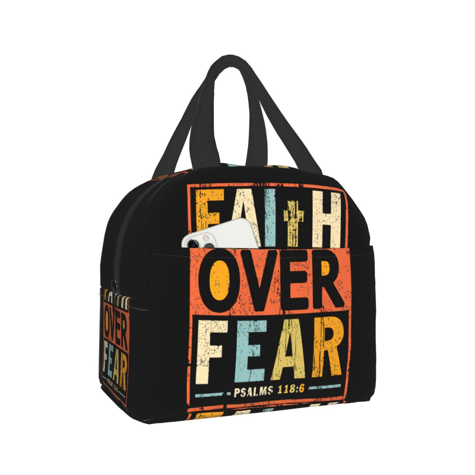 Faith Over Fear Bible Verse Christian Lunch Tote Bag for Women - Large Collapsible Reusable Grocery Bag - Inspirational Gift for Church, Bible Study & Daily Use