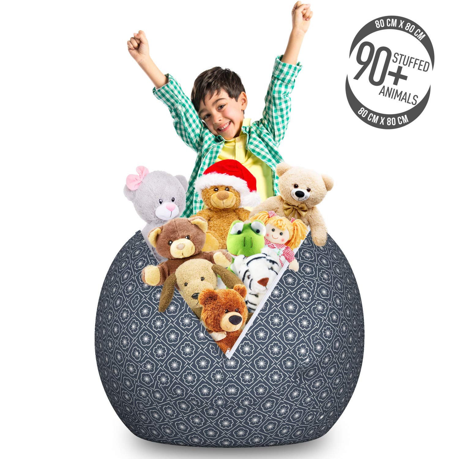Ambesonne Japanese Storage Toy Bag Chair - Large Washable Stuffed Animal Organizer with Checked Diagonal Spring Flowers Pattern, Dark Blue Grey - Perfect for Kids' Room, Nursery, and Playroom Organization