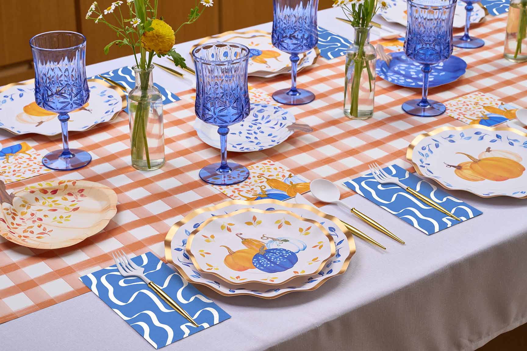 Harvest Blues Table Setting - Elegant Fall Dinnerware Set for Thanksgiving & Autumn Gatherings - Perfect for Holiday Entertaining & Seasonal Home Decor
