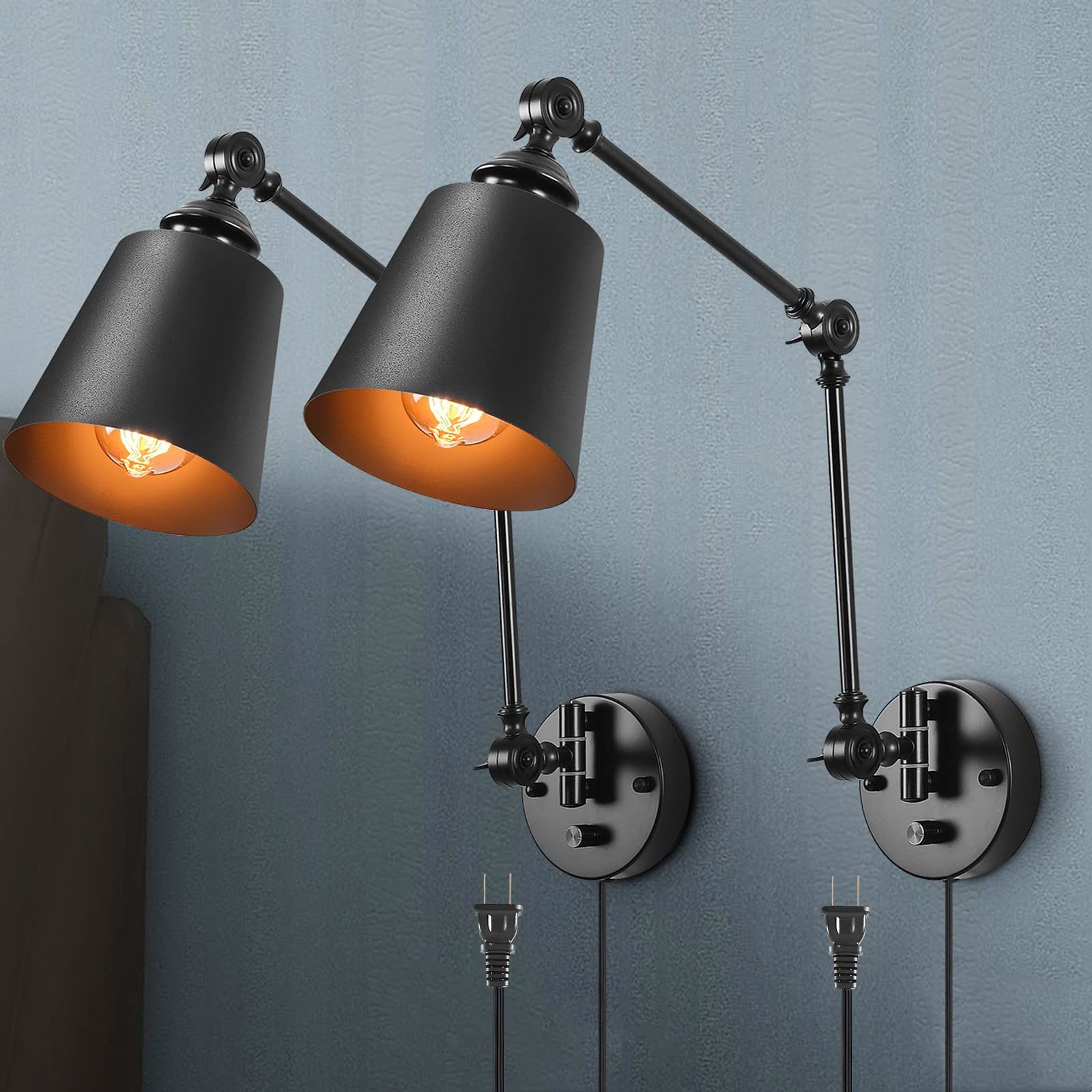 HOXIYA Dimmable Swing Arm Plug-in Wall Lamps Set of 2 - Matte Black Industrial Reading Lights with Dimmer Switch Cord - Perfect for Bedroom, Living Room & Home Office Lighting