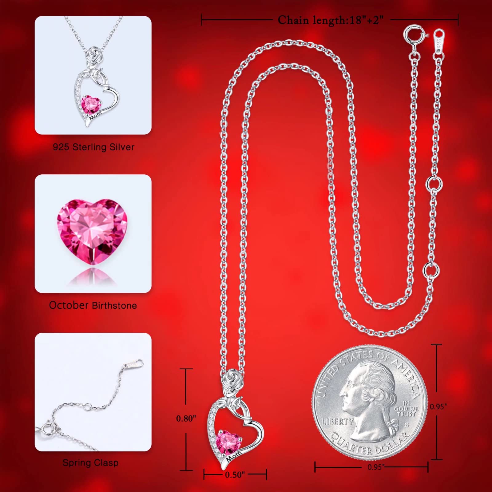925 Sterling Silver Mo Rose Heart Birthstone Necklace with Preserved Rose Flower - Perfect Mother's Day, Christmas, Birthday Gift for Mom from Daughter or Son - Ideal for Special Occasions and Everyday Elegance