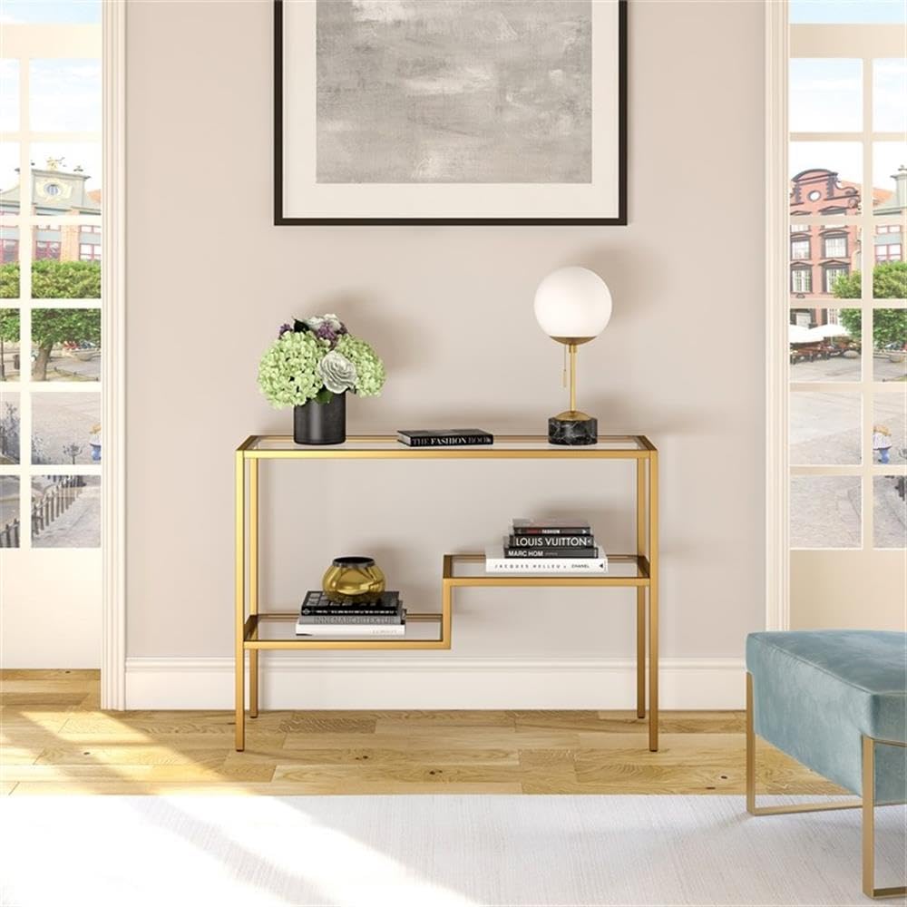 Henn&Hart 42 Inch Brass Metal and Glass Console Table - Elegant Entryway Sofa Table for Living Room, Hallway, or Dining Room Decor