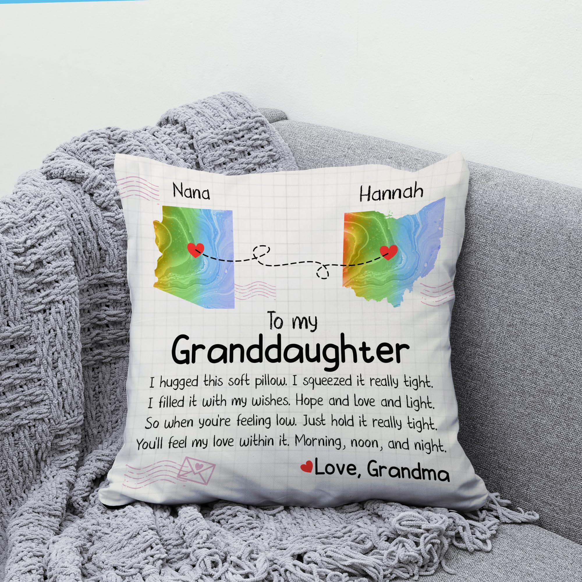Personalized Granddaughter Pillow with Custom Name Insert - Unique Gift from Grandma for Birthday, Christmas - State to State Home Decor Throw Pillow for Sofa, Couch, Bedroom (Perfect for Nursery, Dorm Room & Family Room Decor)