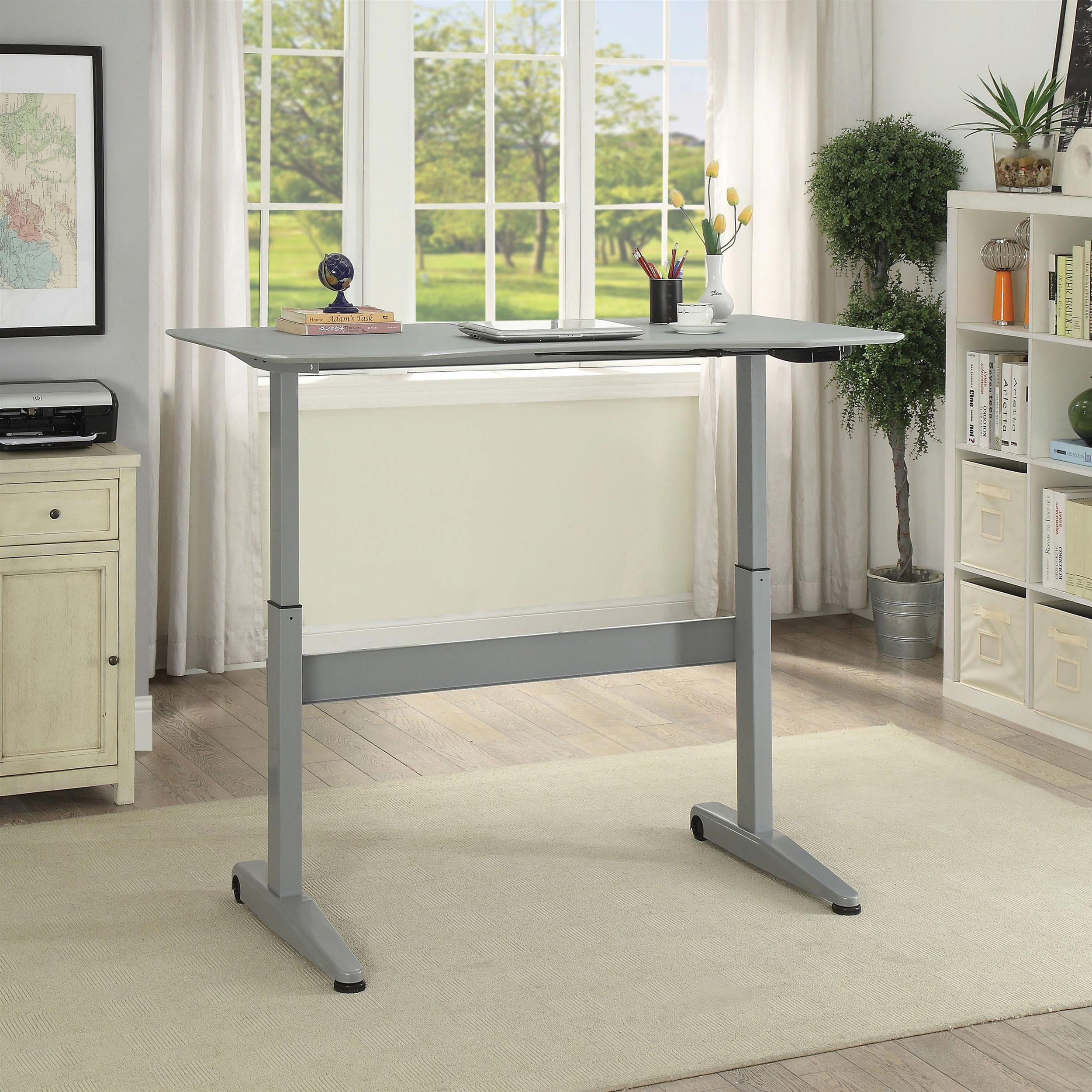 Furniture of America Glenda Adjustable Height Standing Desk - Gray Metal Frame for Home & Office Workspace | Ergonomic Sit to Stand Desk for Work, Study & Gaming