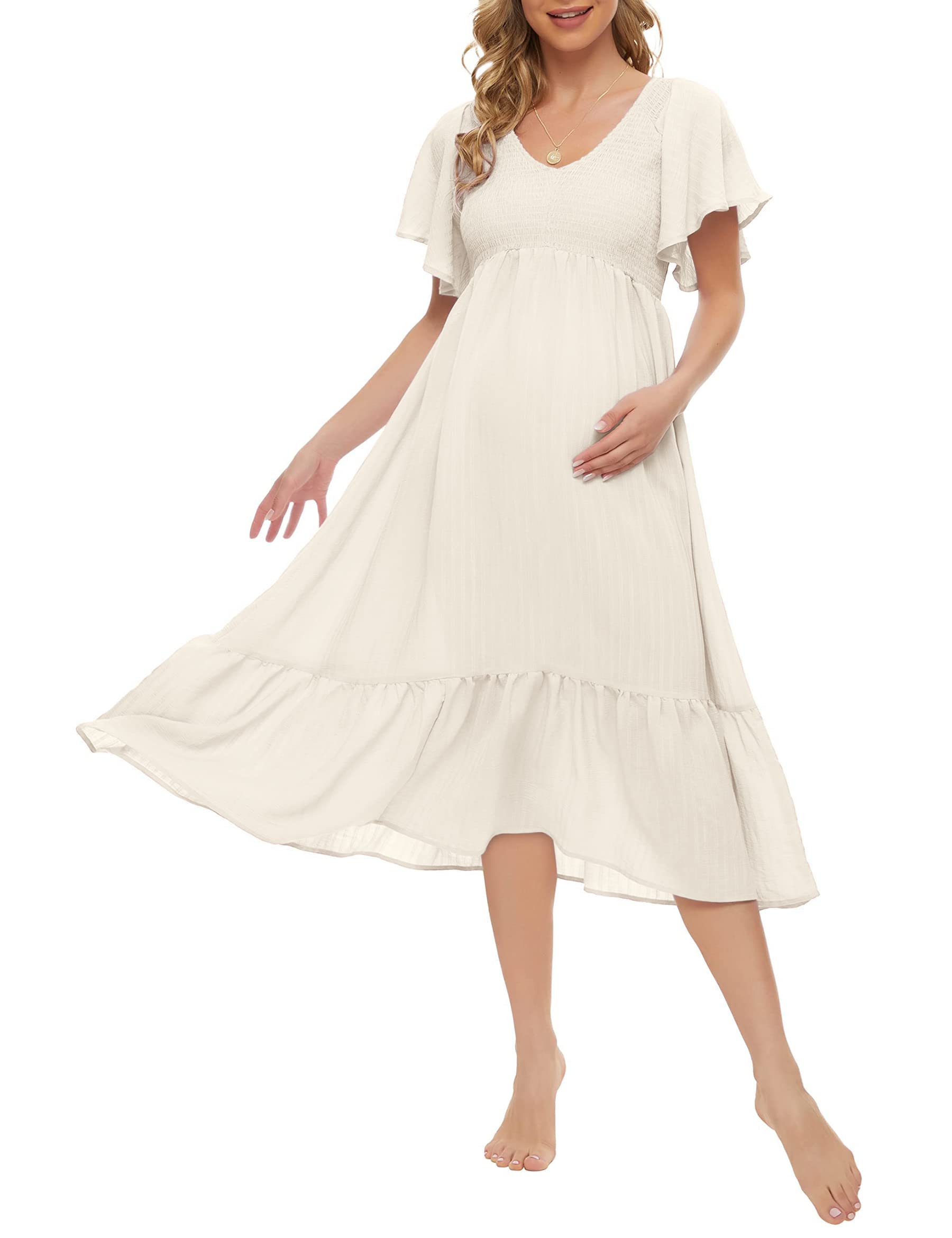 Boho Flutter Short Sleeve Maternity Dress - V-Neck Smocked Midi Dress for Baby Shower & Casual Wear (Sizes S-2XL) | Perfect for Pregnancy Photos, Bridal Showers & Summer Outfits