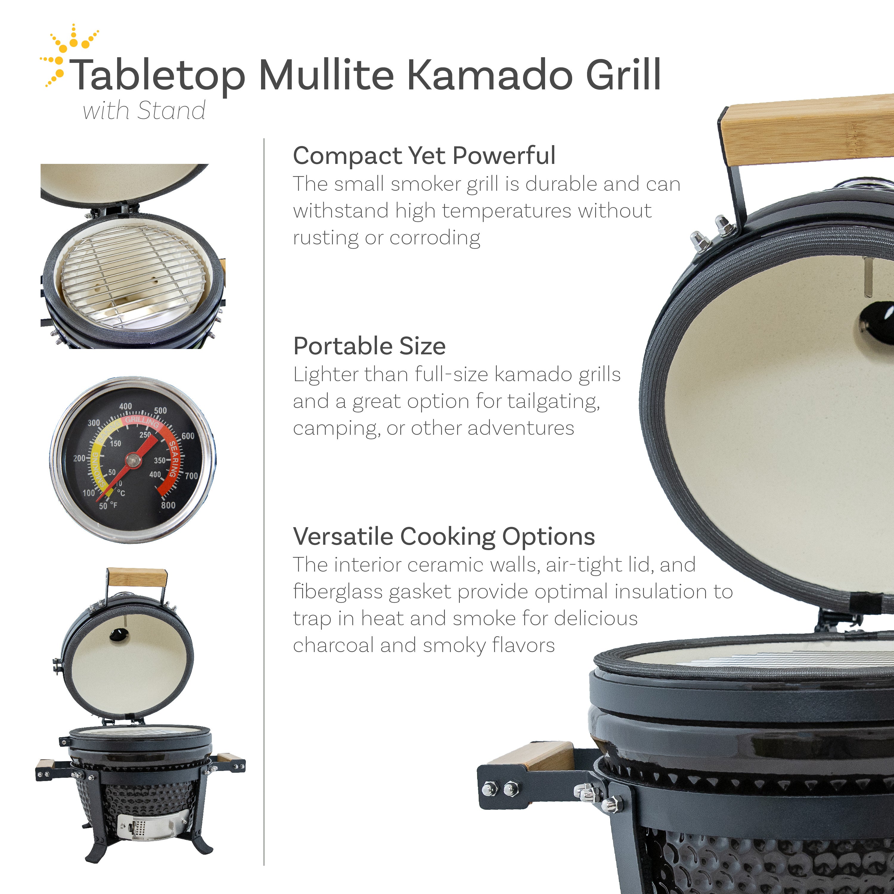 Portable Kamado Charcoal Grill and Smoker with Stand - Outdoor BBQ, Camping & Backyard Cooking - Perfect for Patio, Picnics & Tailgating