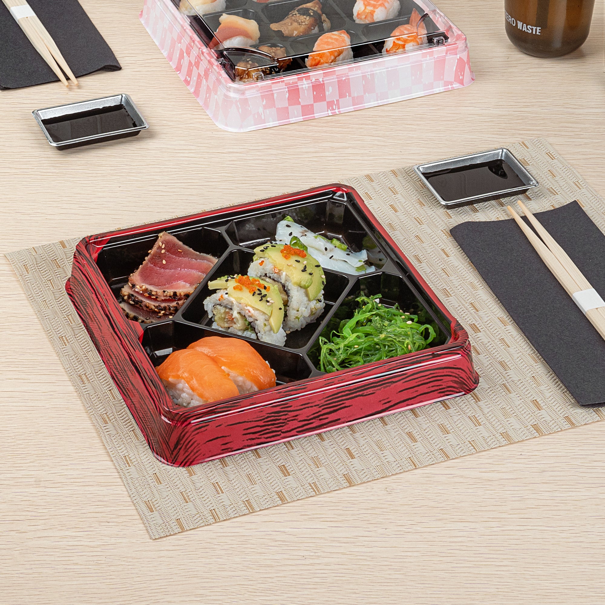 Bento Tek 19 oz Square Red and Black Plastic Bento Box with 5 Compartments | 8.5