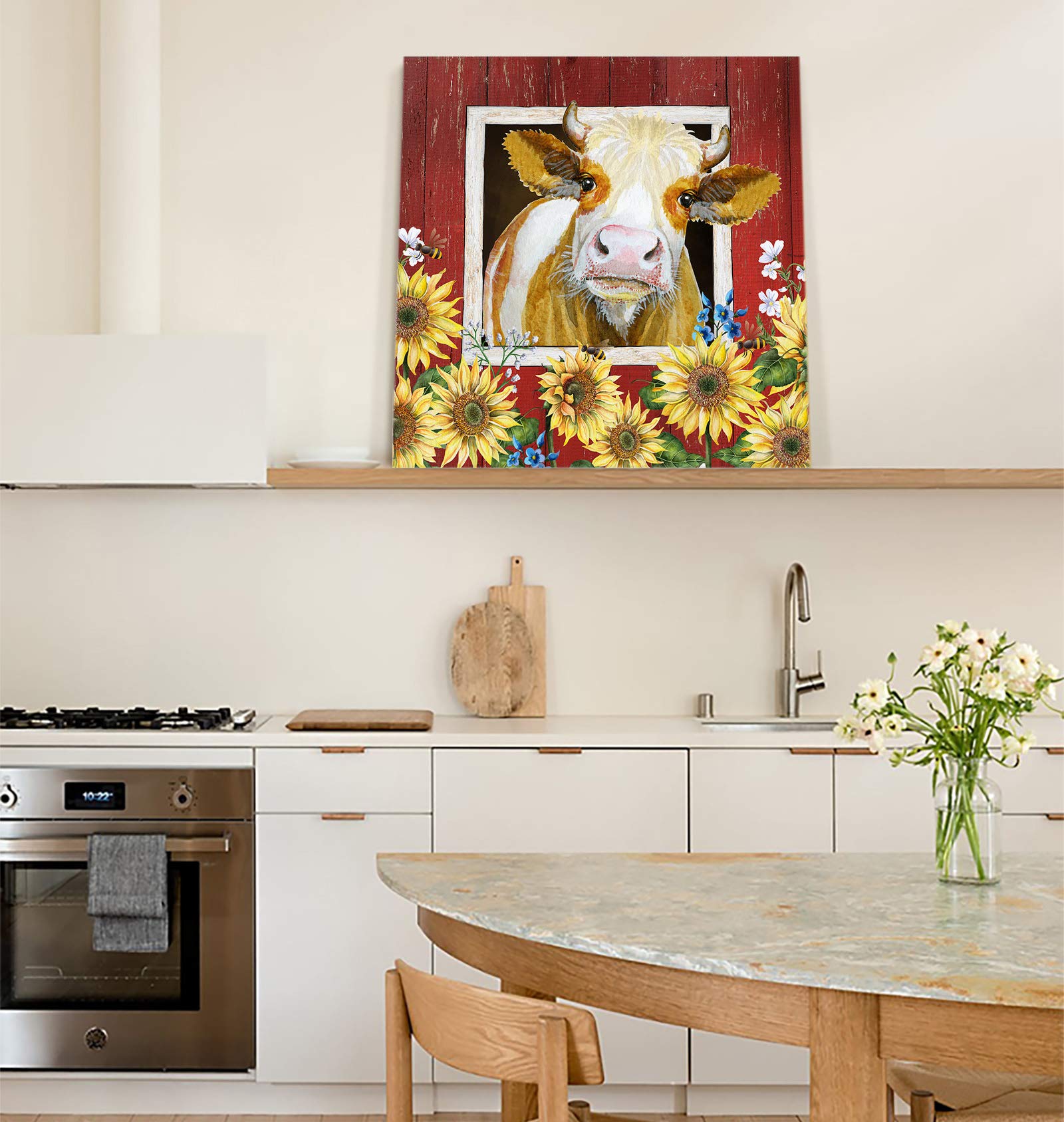 Sunflower Cow Canvas Wall Art - 24x24 Inch Framed Farmhouse Painting for Living Room & Kitchen Decor - Rustic Barn Animal Picture Ready to Hang - Perfect for Country Style Homes & Farmhouse Aesthetic