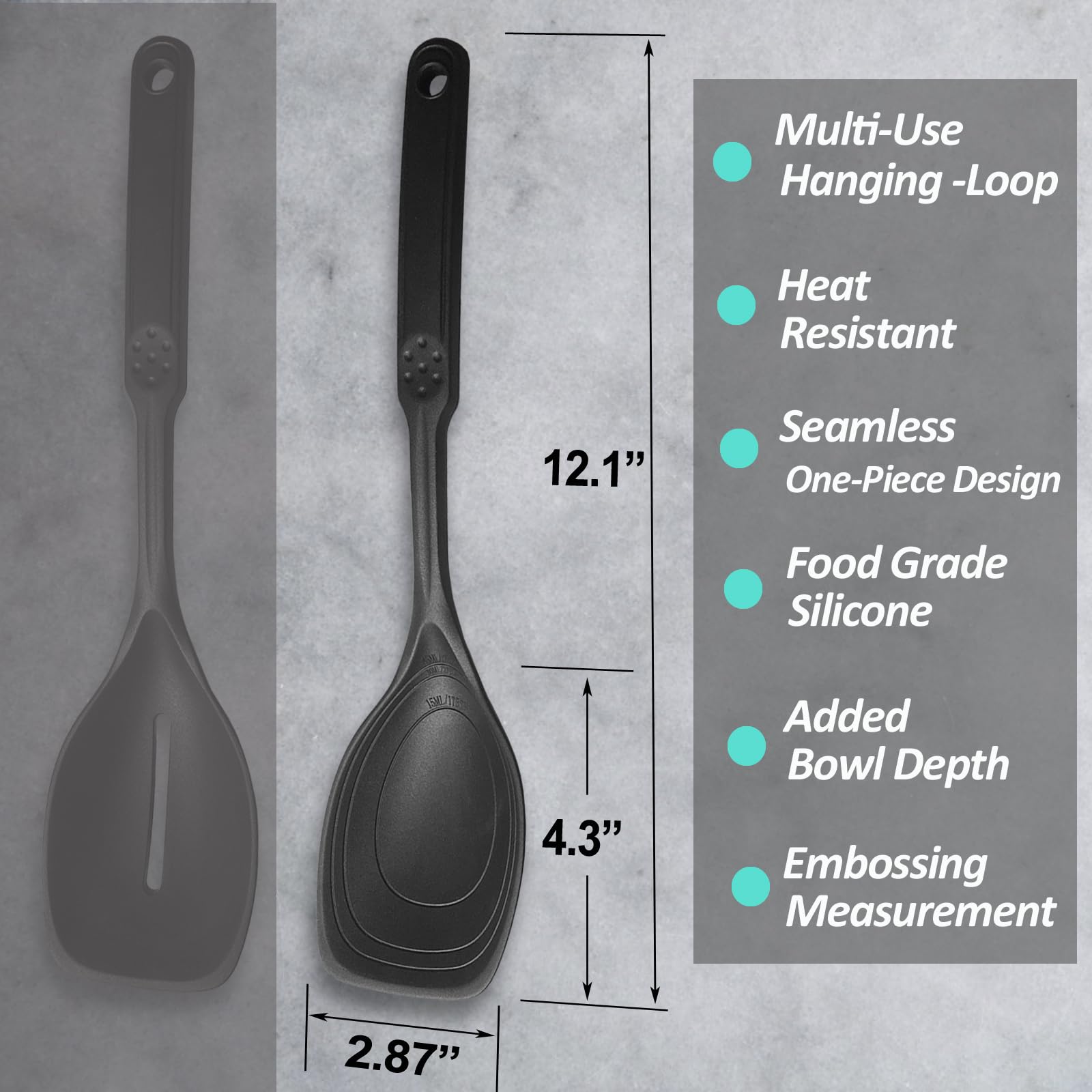 Large Silicone Cooking Spoon Set - Non-Stick Solid Kitchen Utensils with Deep Bowl & Measurement Marks for Mixing, Serving, Draining, Scooping & Scraping - Heat Resistant Black Spatula for Baking, Cooking & Meal Prep