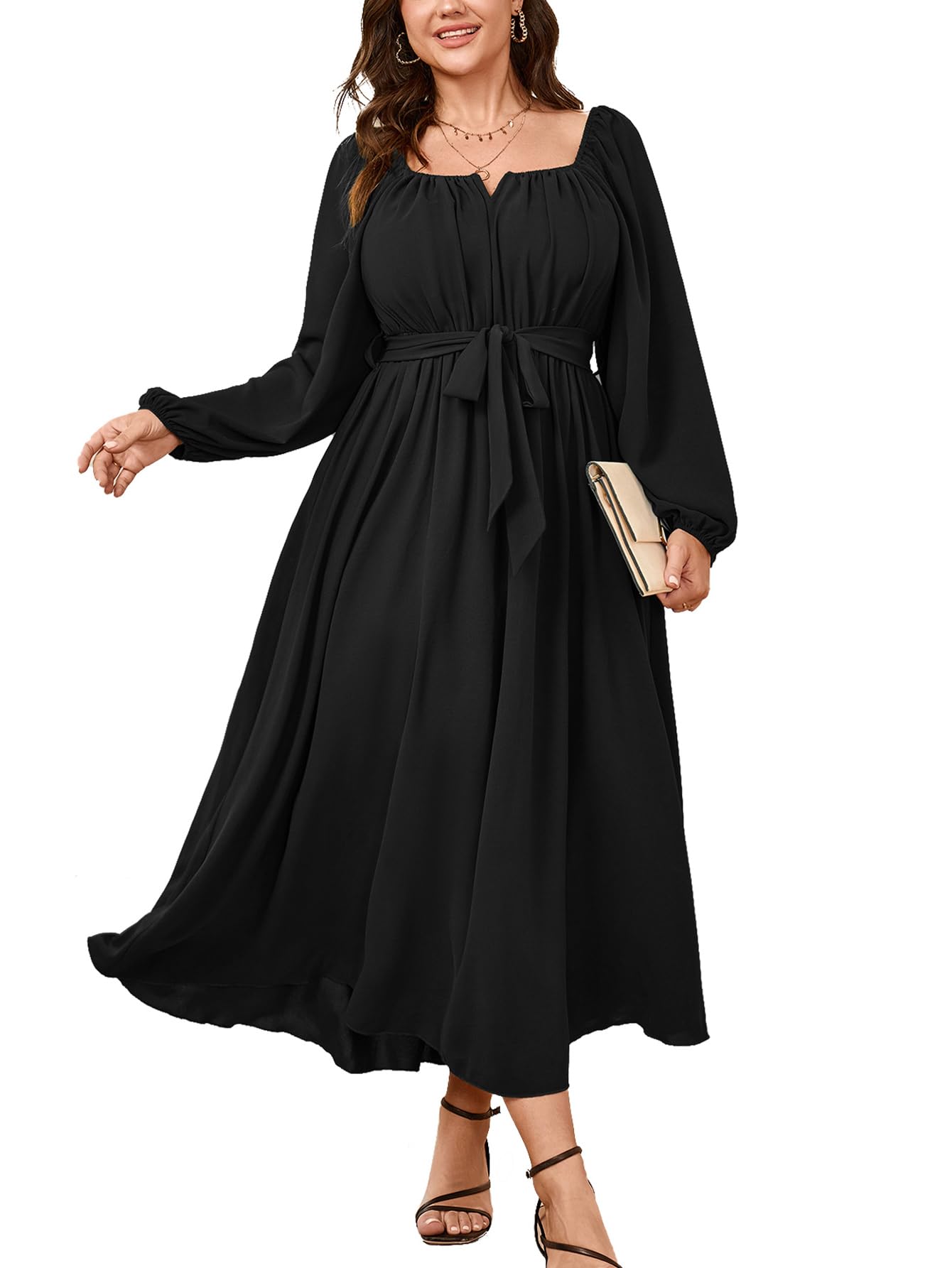 SCOMCHIC Women's Plus Size Maxi Dress - Long Sleeve Square Neck Elegant Cocktail Dress with Belt, Flowy A-Line Design for Wedding Guest, Party & Special Occasions
