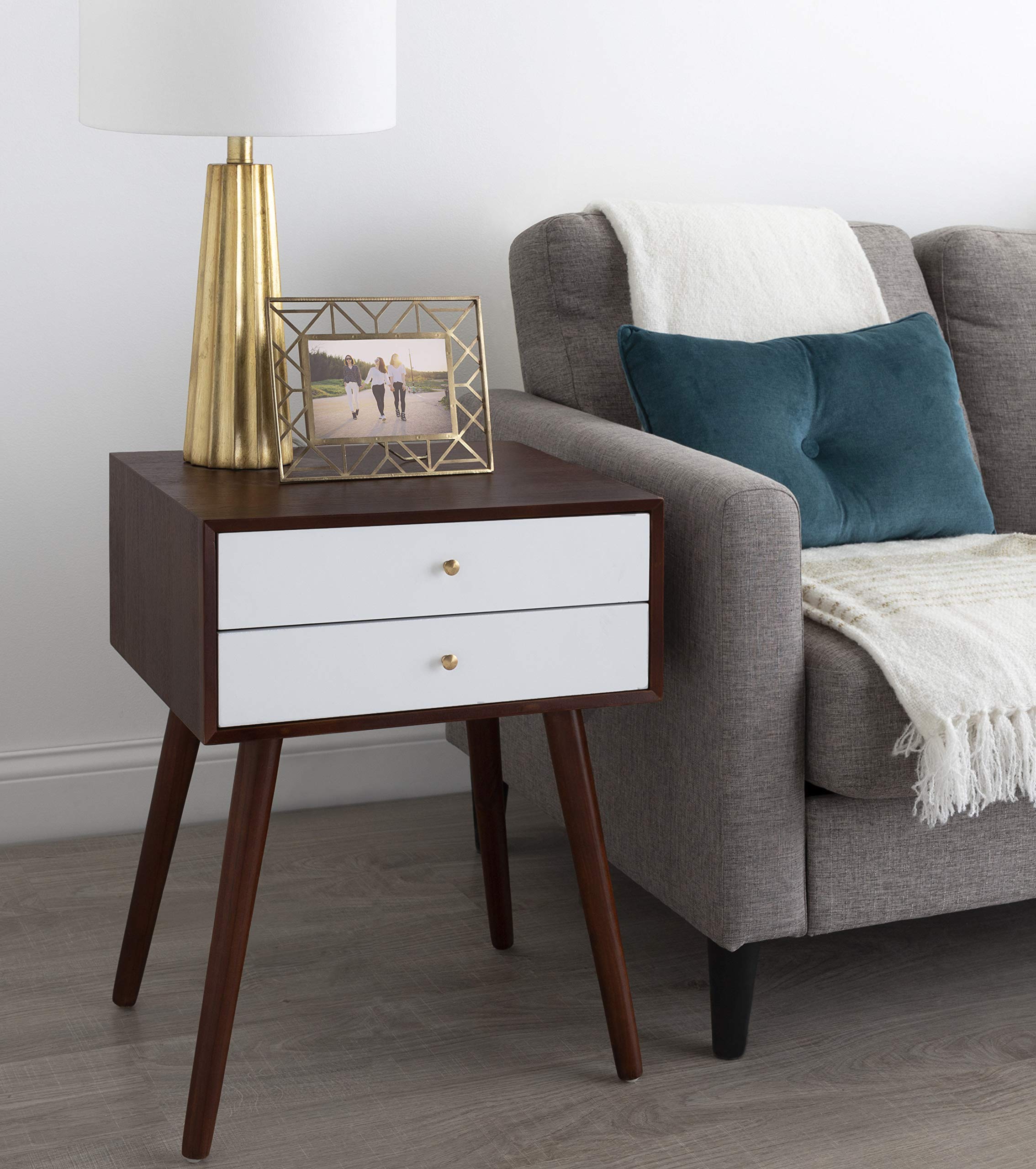 Kate and Laurel Finco Side Table with 2 Drawers - Walnut Brown & White Nightstand - Perfect for Bedroom, Living Room or Office Storage