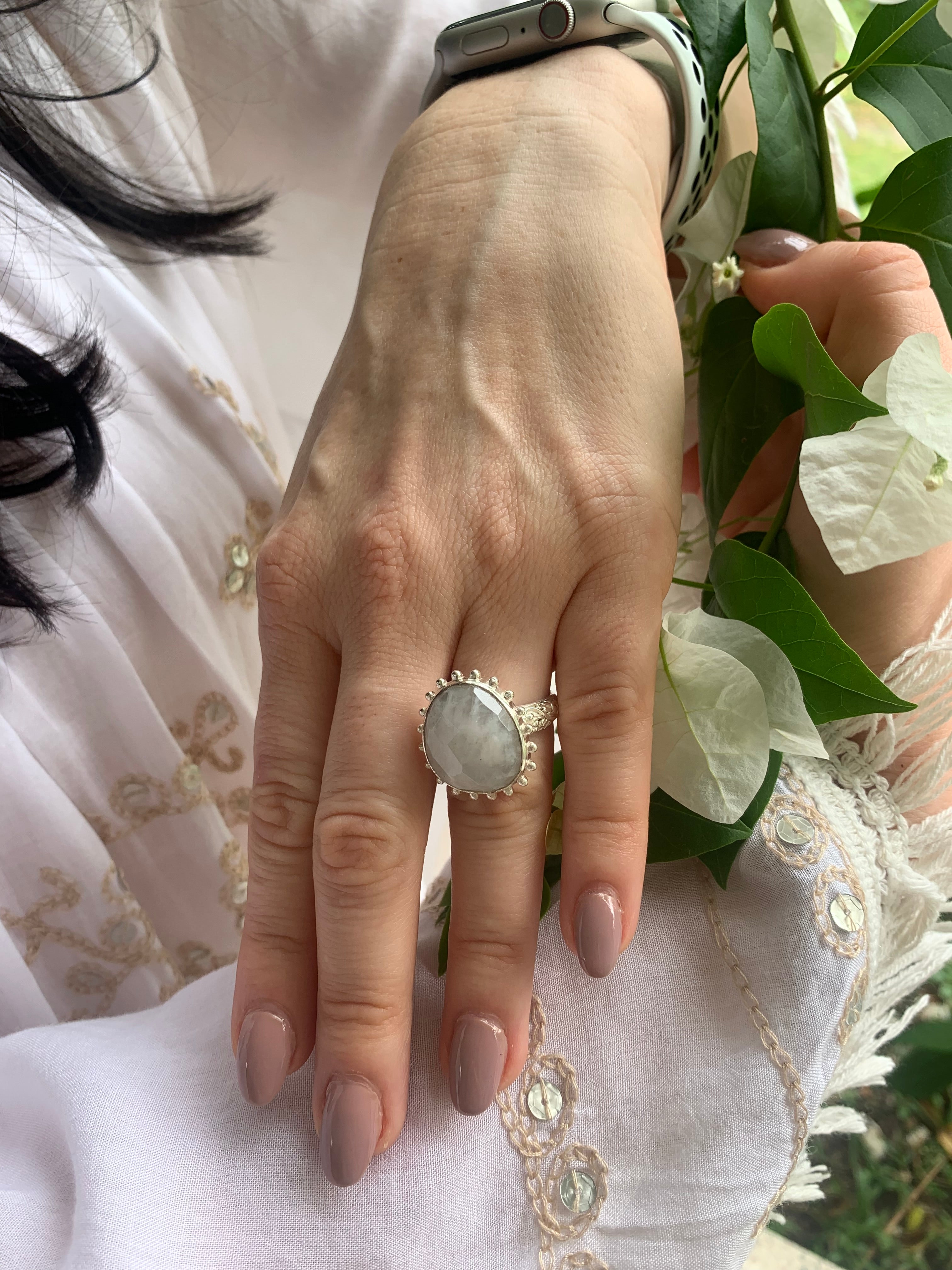 Silver Moonstone Ananda Ibiza Designer Boho Ring for Women – Handmade Sterling Silver Hippie Jewelry for Festival, Wedding & Everyday Wear