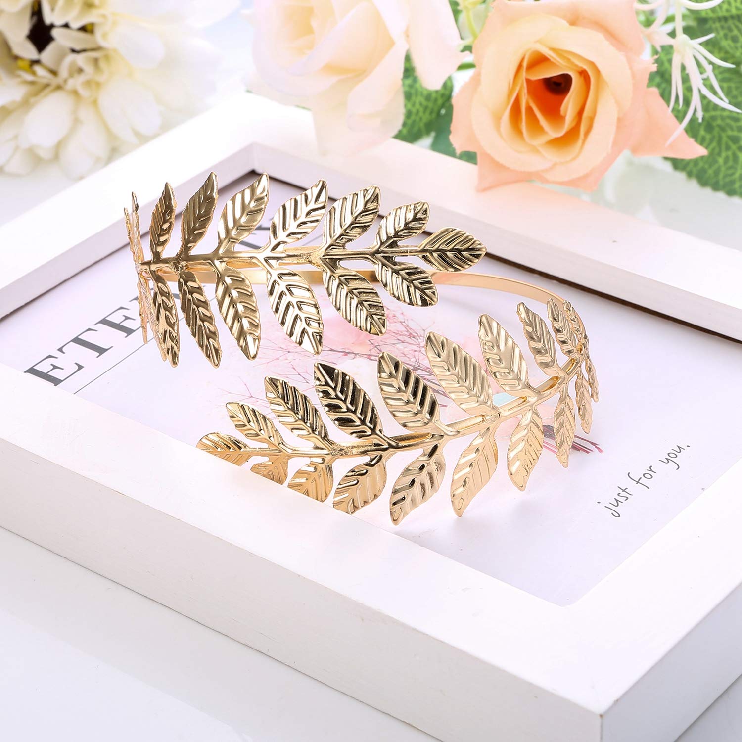 FINREZIO Greek Goddess Headband & Arm Cuff Set - Roman Laurel Leaf Crown & Adjustable Armlet Bracelet for Bridal, Wedding, Cosplay & Festival Costume Accessories