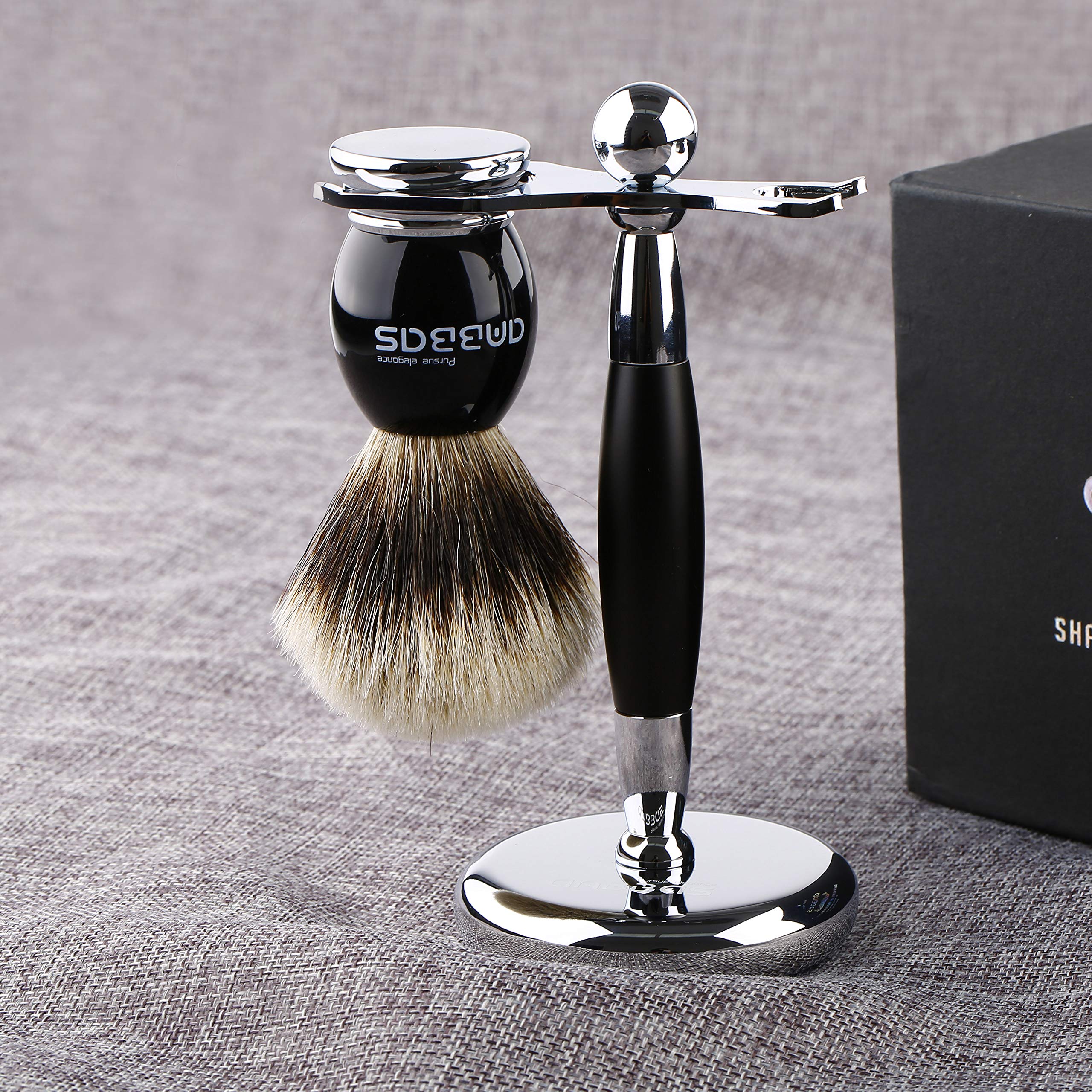 Premium Silvertip Badger Hair Shaving Brush & Stand Set - Black Resin Alloy Handle with Stainless Steel Razor Stand - Perfect for Double Edge Safety Razor & Straight Razor Shaving - Ideal Gift for Men's Grooming Routine