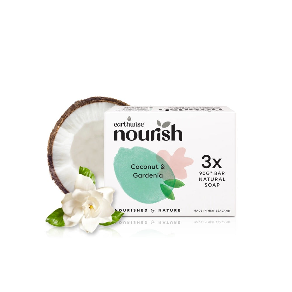 Earthwise Nourish Natural Soap Bar - Coconut & Gardenia Scented, 3-Pack (3x90g) | Vegan, Cruelty-Free & Moisturizing for Sensitive Skin | Perfect for Daily Bath, Shower & Gift Giving