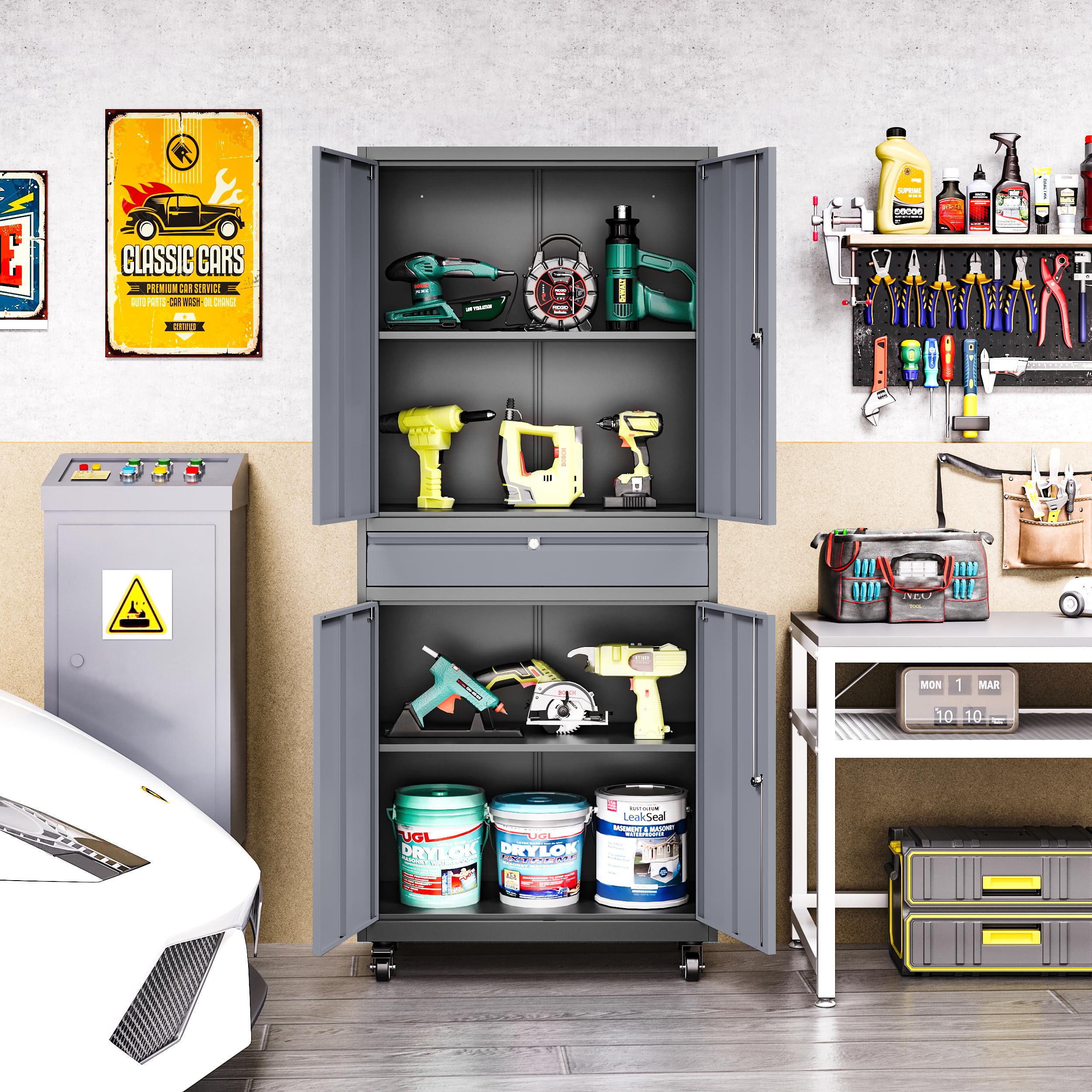Heavy Duty Metal Storage Cabinet with Drawer - Locking Garage Cabinet with Adjustable Shelves for Home, Office & Warehouse Organization - Perfect for Tools, Supplies & Equipment Storage