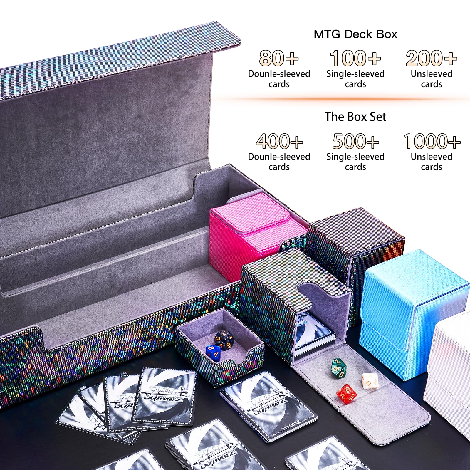 Premium Leather TCG/MTG Deck Box with 5 Small Storage Boxes & Play Mat - Holds 1000+ Magic/Yugioh Trading Cards (Sparkly Black) - Perfect for Card Game Tournaments, Collectors & Home Game Nights