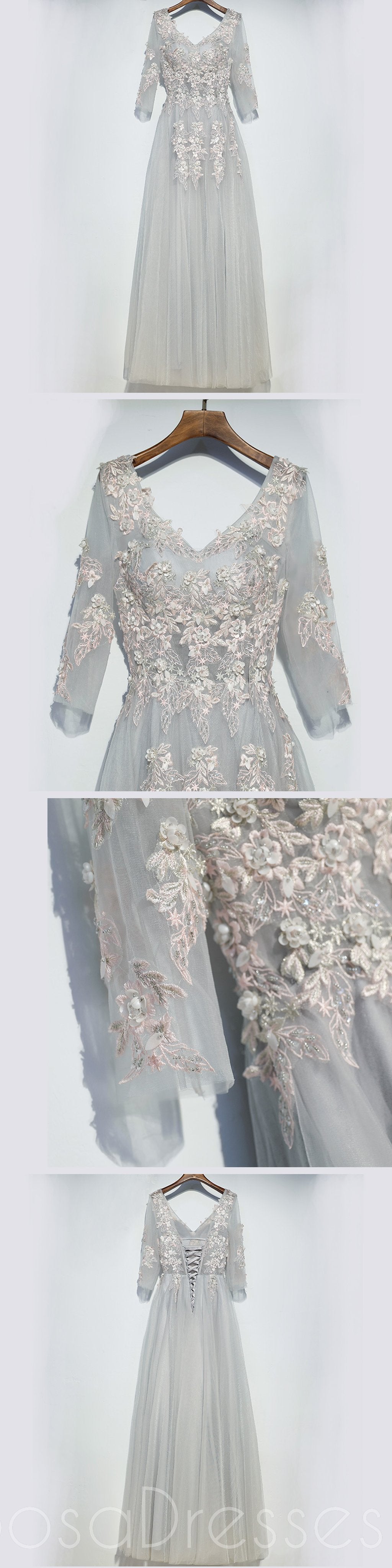 Elegant Long Sleeve Lace Prom Dress in Dusty Blue - Scoop Neck Evening Gown for Formal Parties, Homecoming & Special Occasions | Sexy Long Prom Dresses for Women | Custom Sizing Available