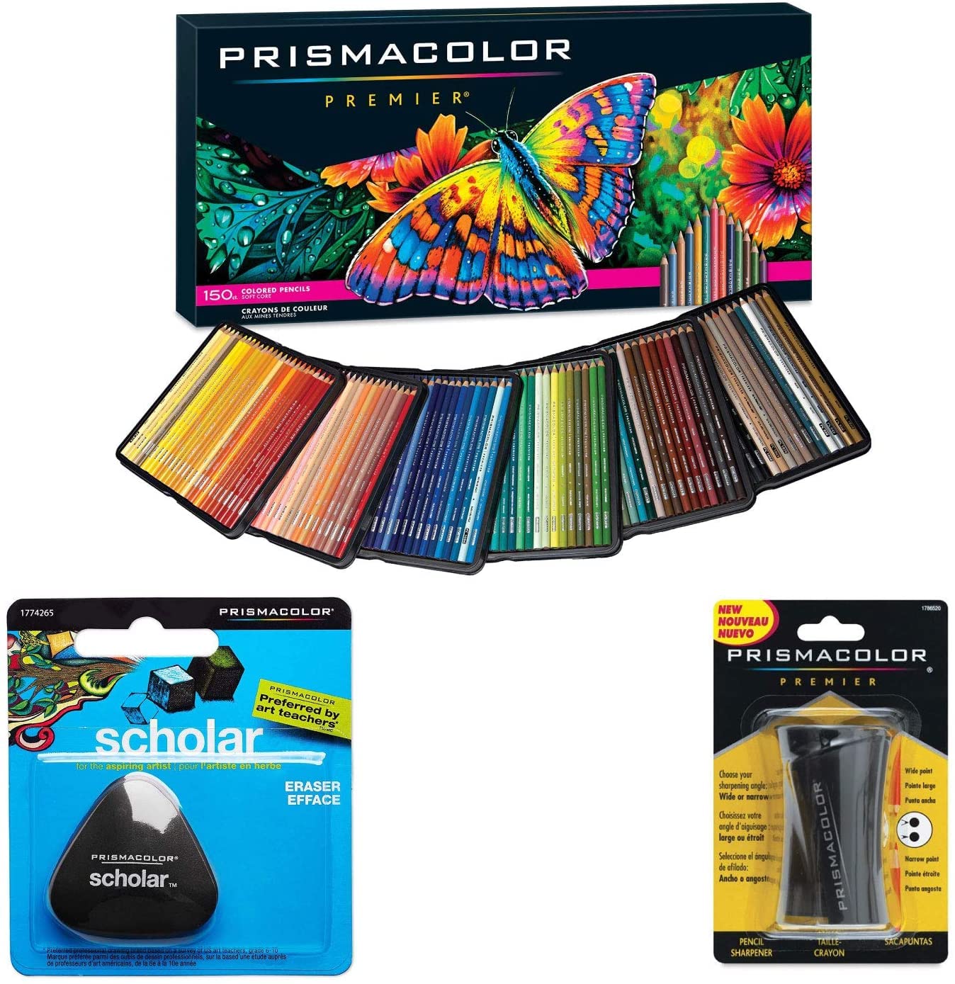 Prismacolor Premier Colored Pencils Set of 150 Vibrant Colors with Triangular Scholar Pencil Eraser & Premium Sharpener - Perfect for Professional Artists, Adult Coloring Books & Classroom Art Projects