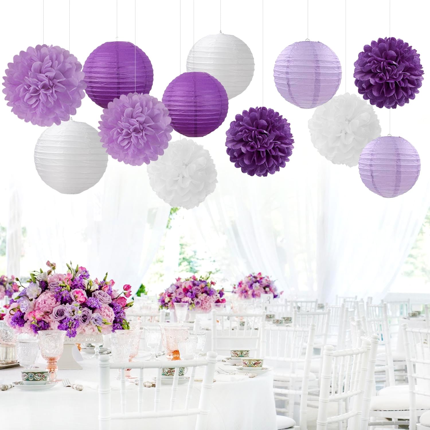15-Pack Purple & White Lavender Paper Flower Lanterns - Tissue Pom Poms & Streamers for Birthday, Wedding, Baby Shower, Graduation, Bachelorette Party Decorations | Elegant Hanging Decor for Home & Event Spaces