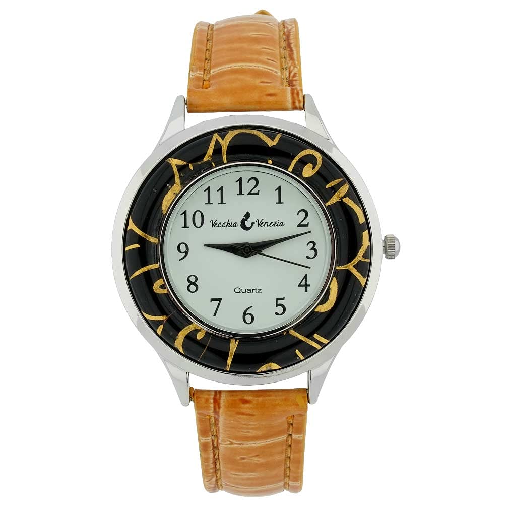 Gold Leaf Murano Glass Watch with Genuine Leather Band - Light Brown | Luxury Italian Glass Watch for Men & Women | Perfect for Gifts, Weddings & Special Occasions