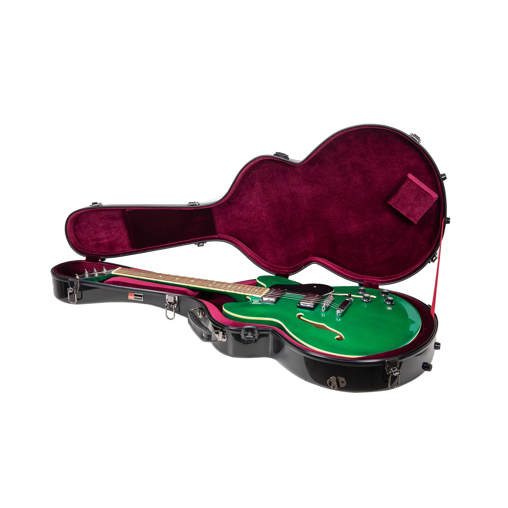 Crossrock Fiberglass Hard Shell Guitar Case with Backpack Straps - Durable Black 335 Style Electric Guitar Case for Travel & Stage Performances